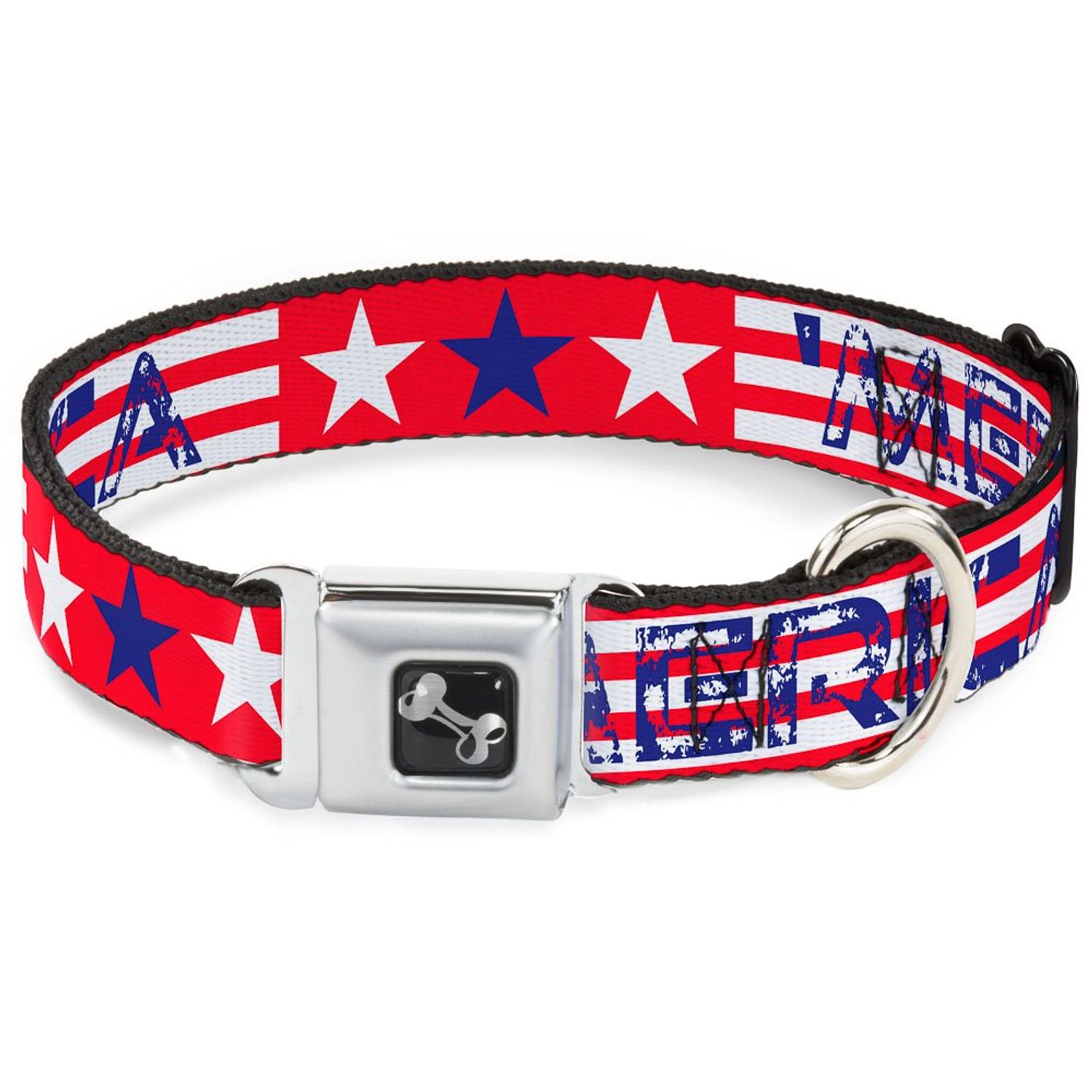 Dog Collar Seatbelt Buckle Merica Stripes Stars Red White Blue 13 to 18 Inches 1.5 Inch Wide