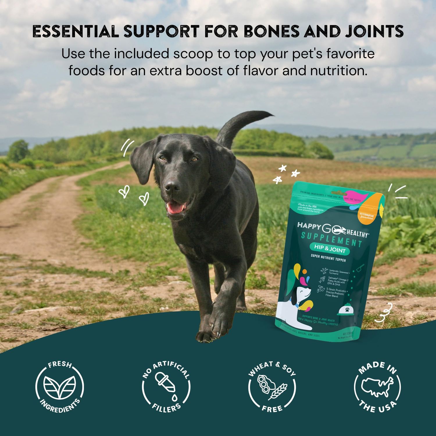 Happy Go Healthy Hip & Joint Supplements for Dogs | Helps Joint Health & Mobility Support for Recovering and Senior Dogs | Natural Ingredients, Tasty Kibble Dog Food Topper | 60-Count Pack
