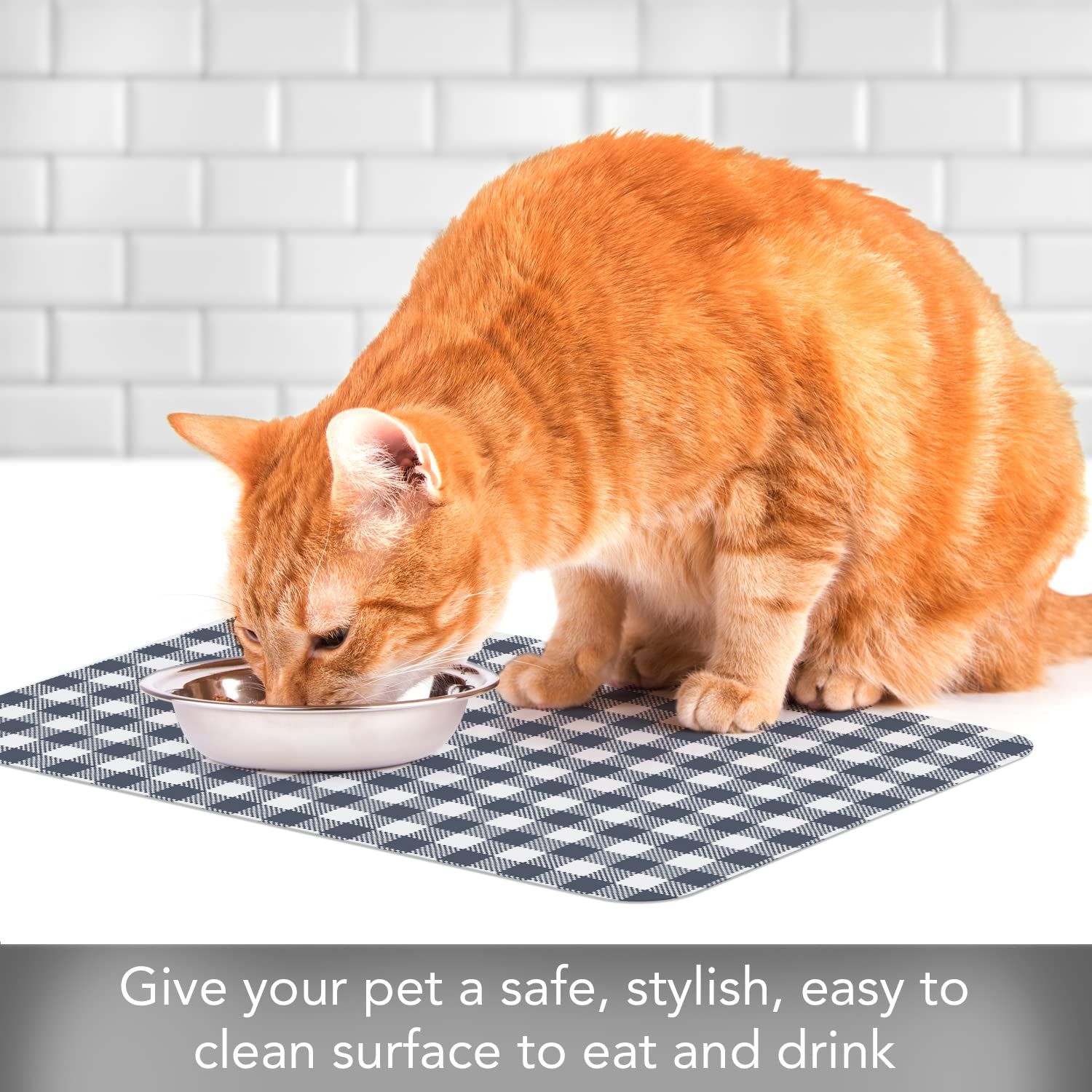 CounterArt Checkered Easy Care Waterproof Pet Placemat 17.13” x 11.25” Made in The USA of BPA Free Plastic, Safe for Pets, Protects Floors from Cat & Dog Bowls