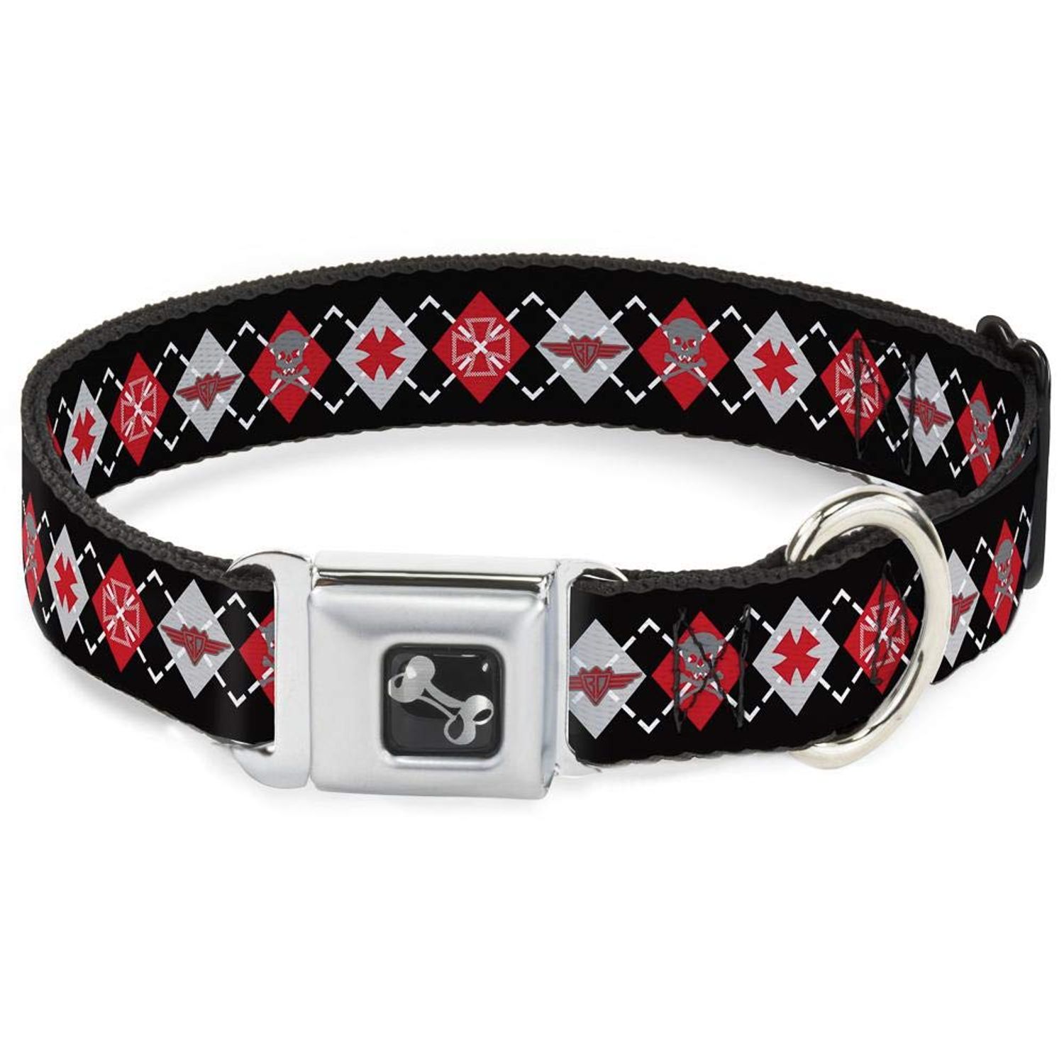 Buckle-Down Seatbelt Buckle Dog Collar - BD Argyle Black/Red/Gray - 1.5" Wide - Fits 13-18" Neck - Small