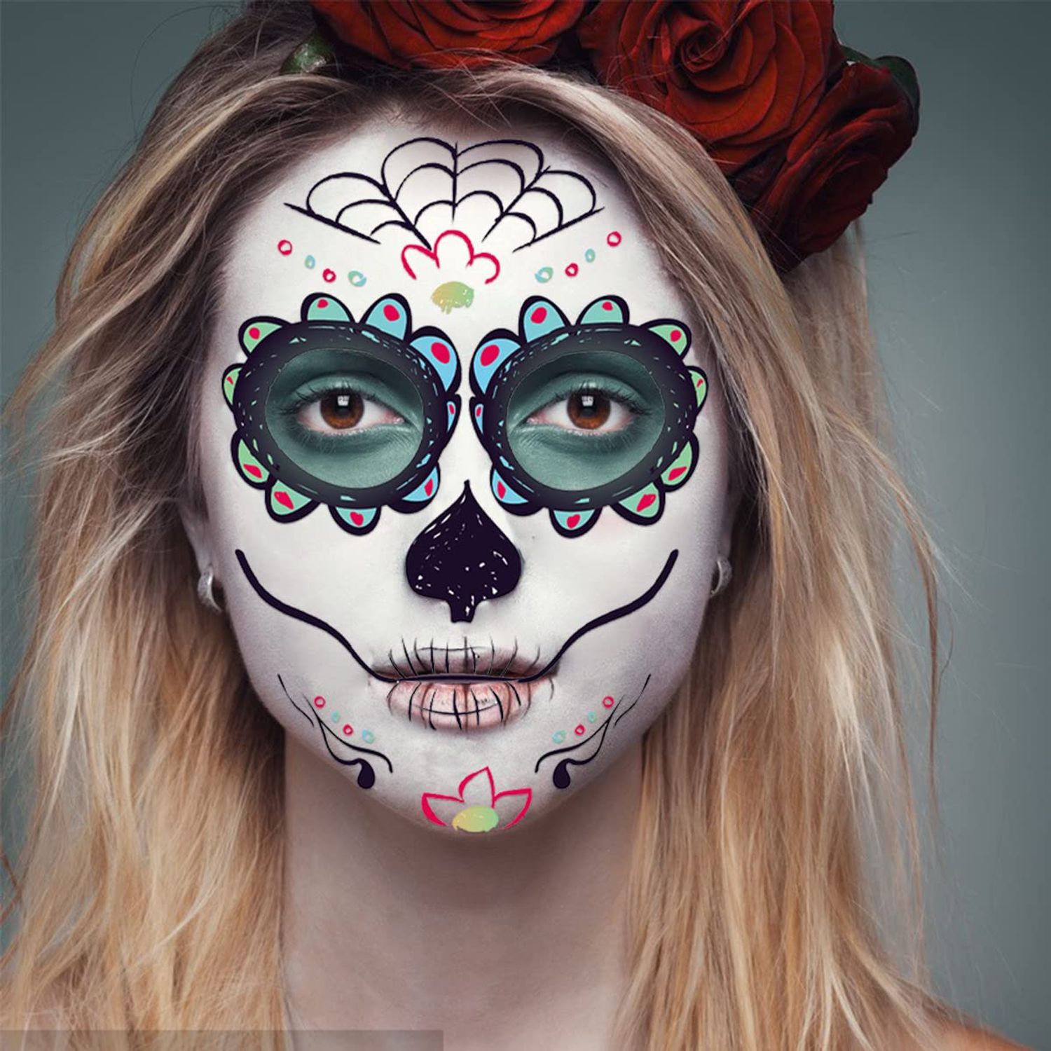 2024 Halloween Temporary Face Tattoo Sticker, Day of The Dead Full Face Makeup for Party Costume Sugar Skull Floral Skeleton Web Red Roses Tattoos(Style A)