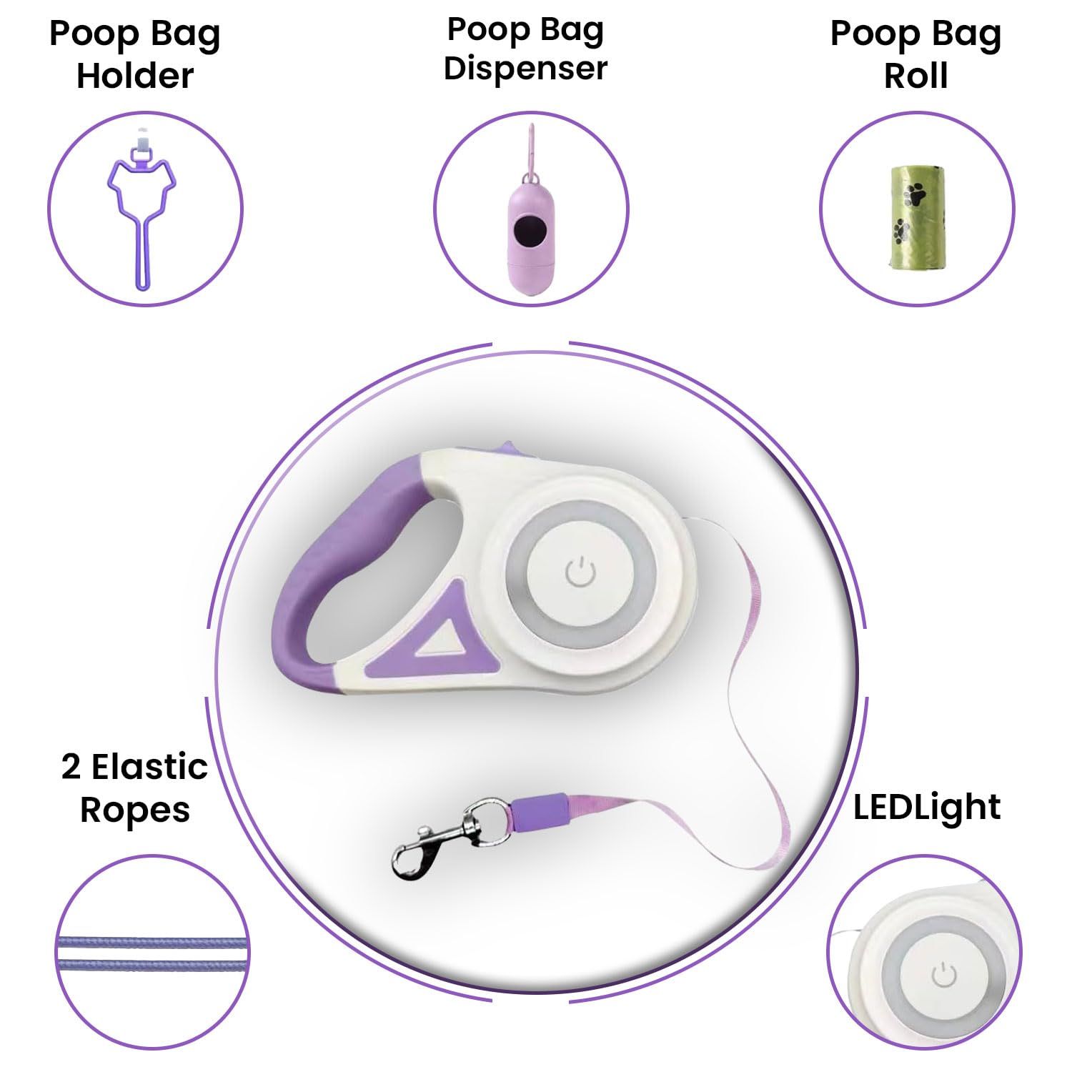 Best Dog Supplies | Pink Retractable Dog Leash with Light, Poop Bag Dispenser, Poop Bag Holder, 2 Elastic Ropes | Set of 4 (Purple)