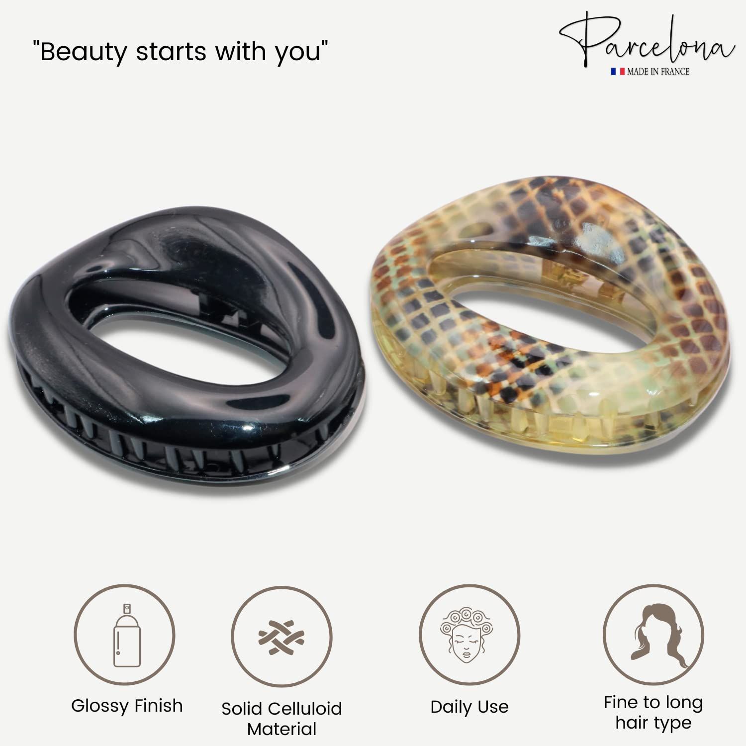 Parcelona -Set of 2 2 1/2 inch Small French Flat Tube Celluloid Clips, Non-Slip Grip, Hair Clip, Durable Hair Accessories, Hair Clips for Mu