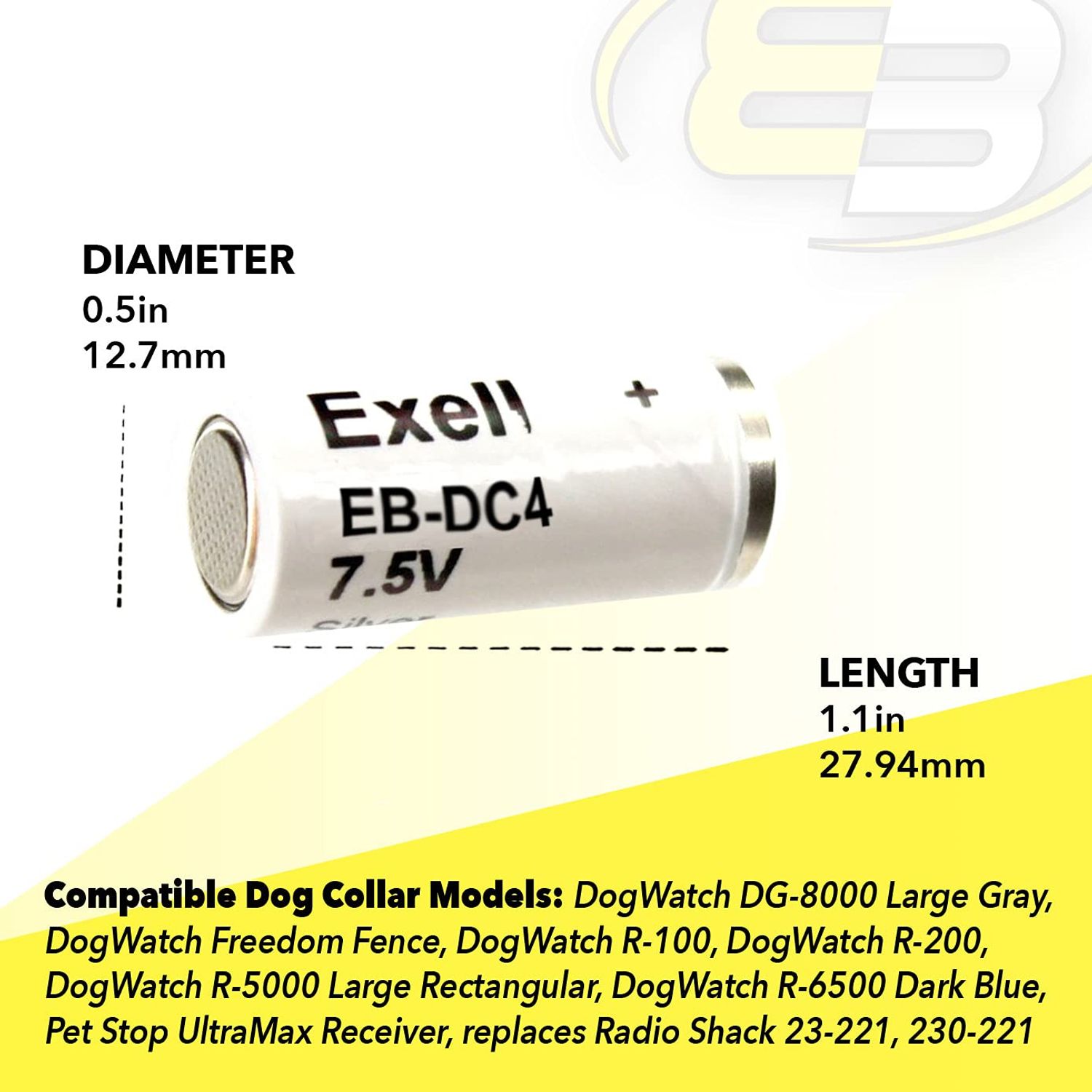 Exell Battery 7.5V 150mAh Dog Collar Battery Replaces Dog Watch Freedom Fence Pet Stop Used fits Dog Fences Bark Training Obedience Pet Training Teaching Fetch Running Fields Leashes