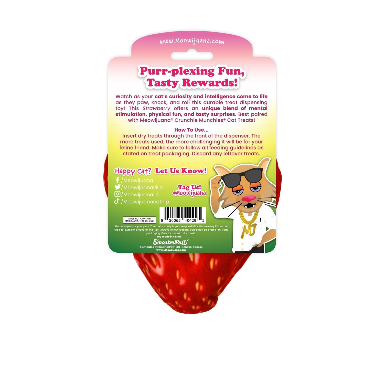 Meowijuana | Knock N' Nibble Strawberry | Refillable Treat Dispensing Toy | Promotes Play and Cat Health
