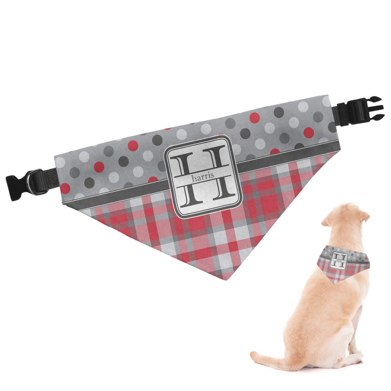 Personalized Red & Gray Dots and Plaid Dog Bandana - Small