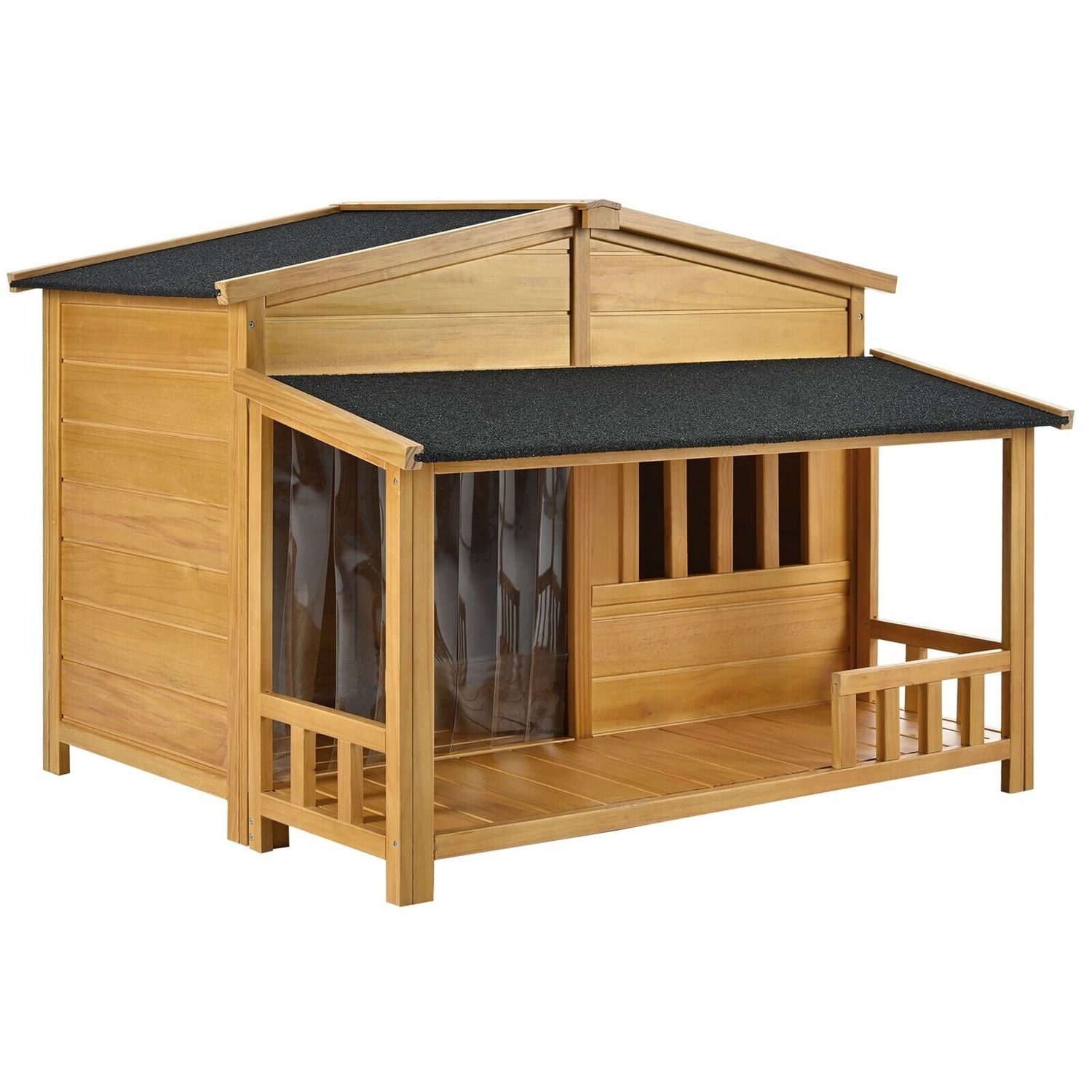 Outdoor Wooden Raised Dog House Pet Kennel w/ Porch, Medium, 40 lbs