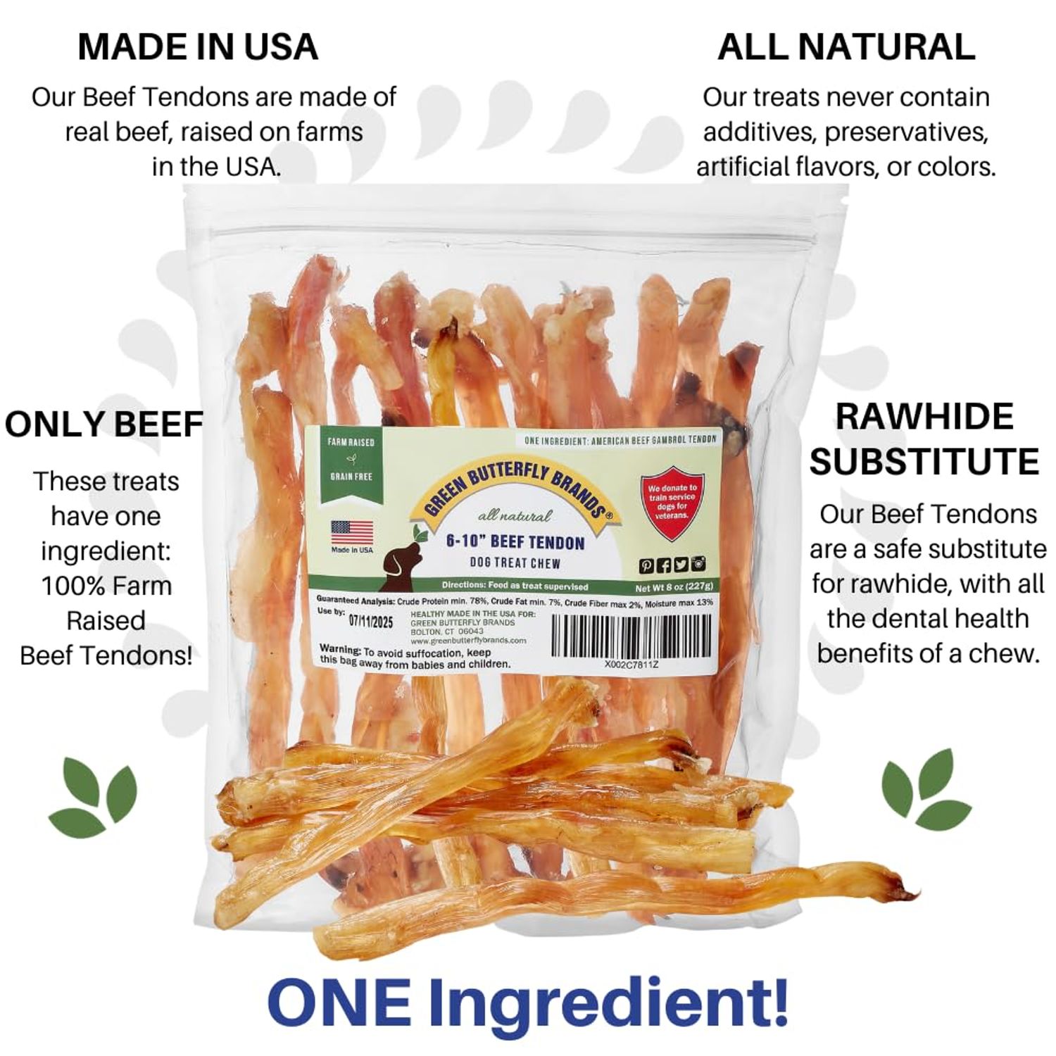 Green Butterfly Brands Beef Tendons for Dogs Made in USA. 6-10 Inch Grass Fed Farm-Raised American Beef Dog Treats. All Natural Dog Dental Chews. Grain Free Odor-Free Beef Dog Chews (8 OZ)