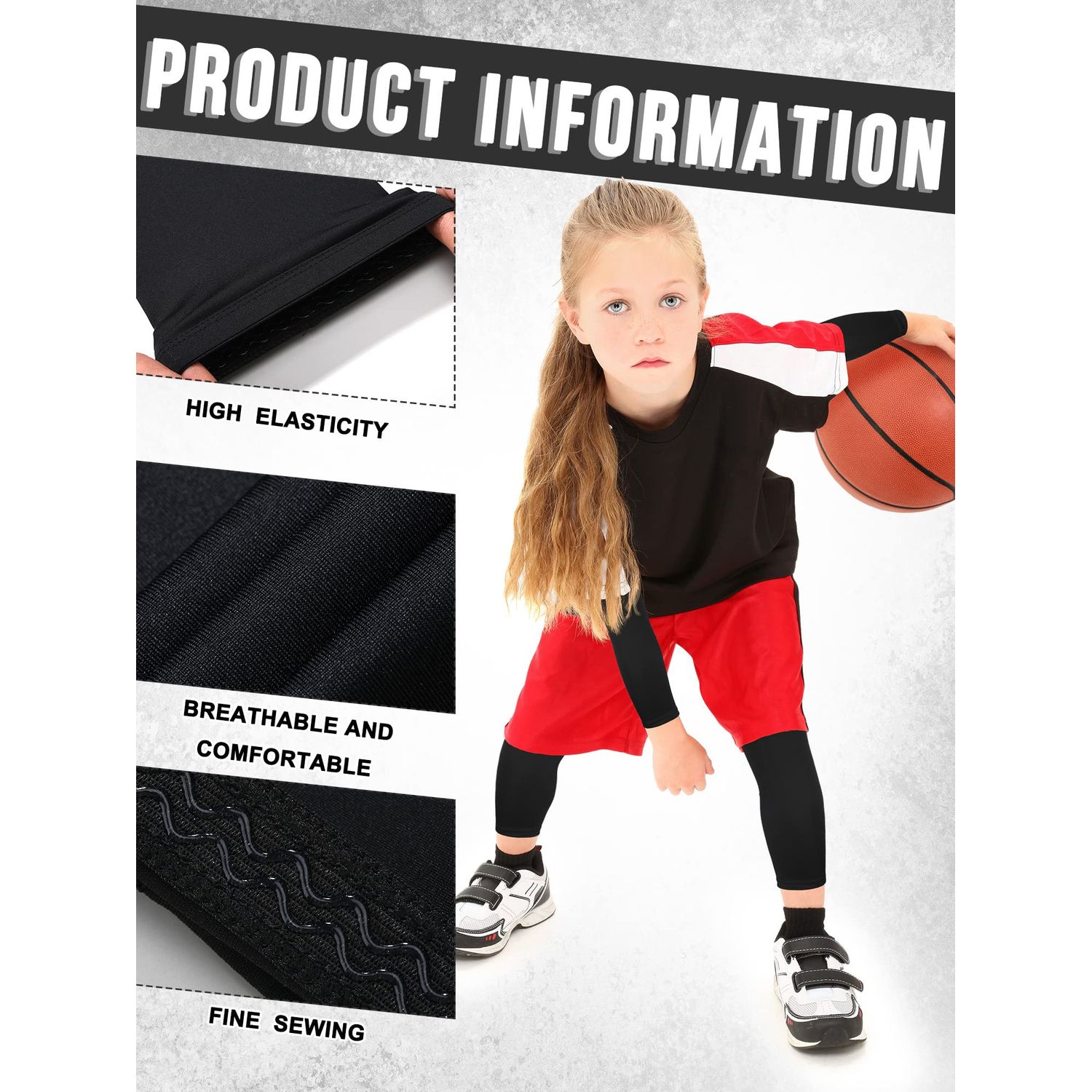 8 Pairs Kids Arm Sleeves and Basketball Leg Sleeves Set Non Slip Long Compression Leg Sleeves for Boys Girls Youth (White, Black, Blue, Gray,Small)