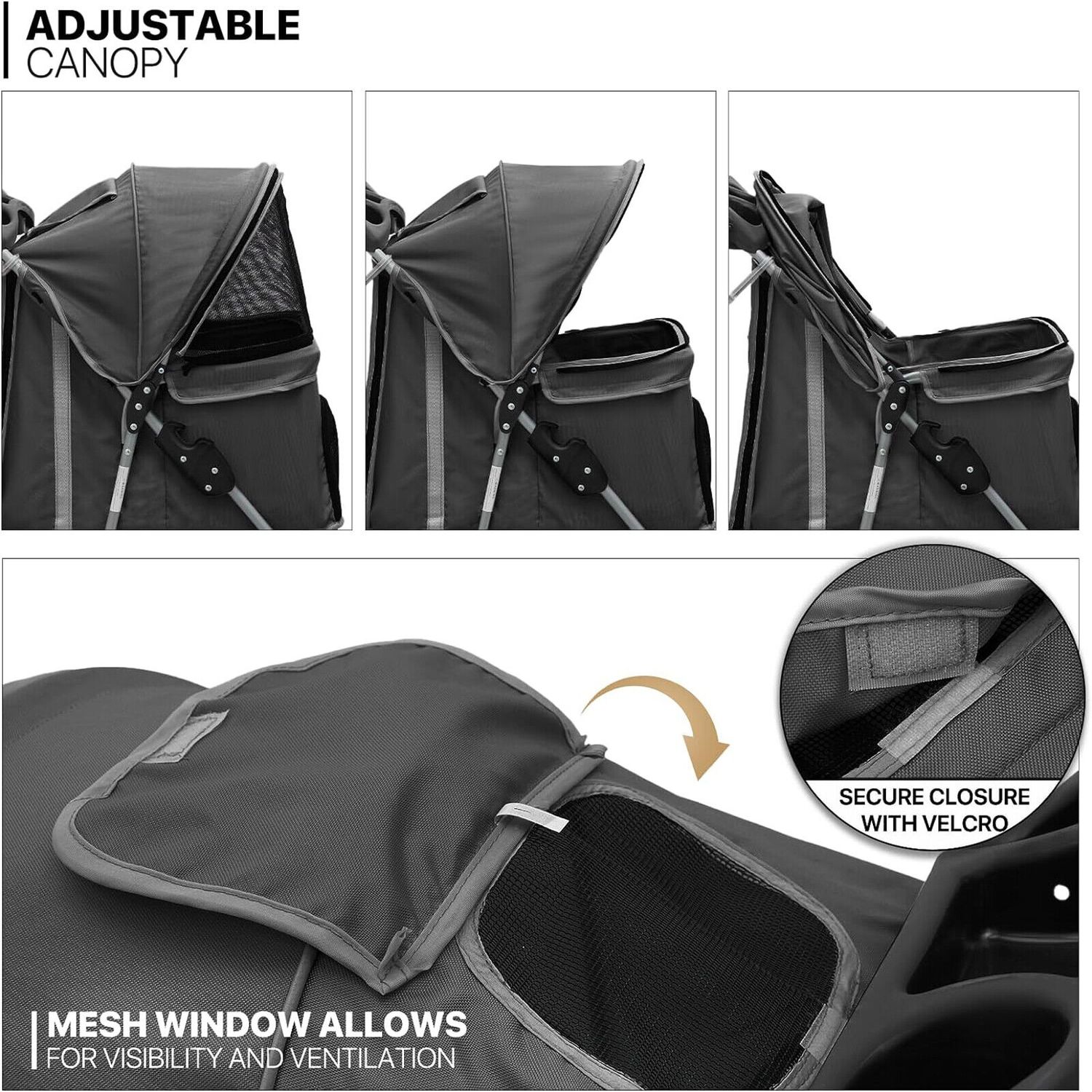 3 Wheels Foldable Pet Strollers Portable Travel Carrier with Cup Holder Black