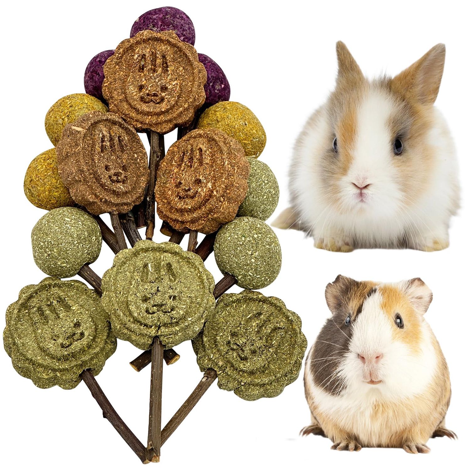 Fhiny Rabbit Chew Toys, 15 PCS Natural Bunny Lollipop Chew Sticks Handmade Guinea Pig Molar Treats for Teeth Small Animals Snacks for Guinea Pig Bunny Chinchilla Hamster Gerbil Teeth Care