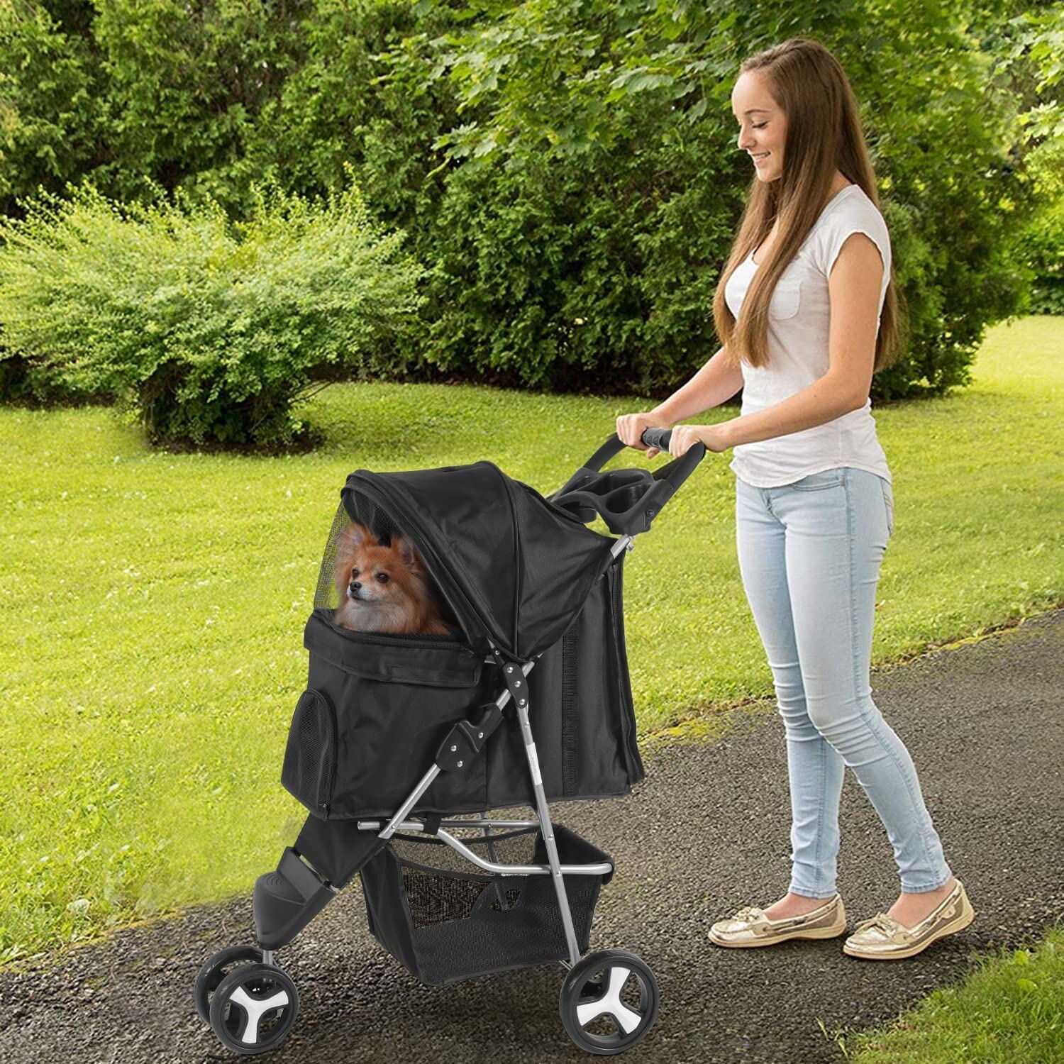 Pet Stroller 3 Wheels Multifunction Dog Cat Stroller w/Storage Basket&Cup Holder