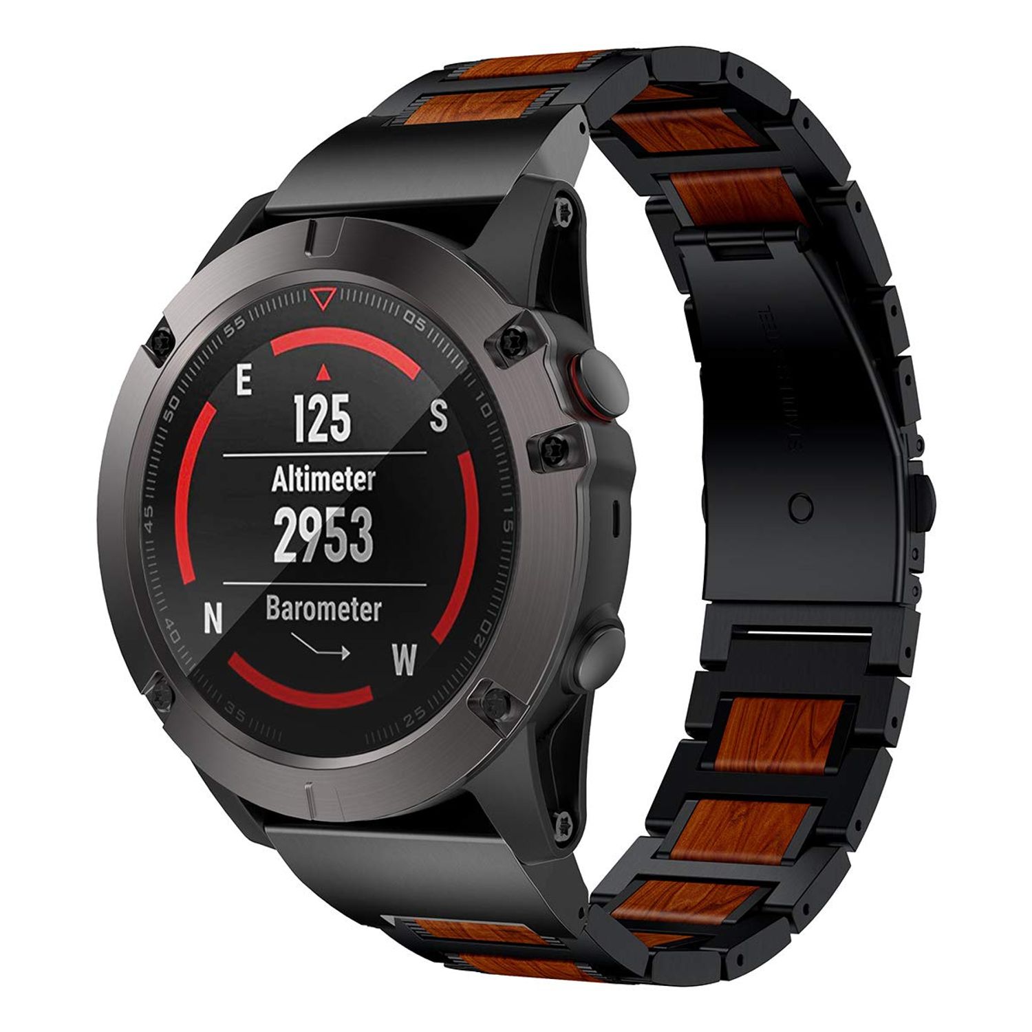 LDFAS Fenix 7X/6X/5X Plus Band, Natural Wood Red Sandalwood Stainless Steel Metal Watch Band, 26mm Quick Release Easy Fit Strap Compatible for Garmin Fenix 7X/6X Pro/5X/5X Plus/3HR/Descent Mk2