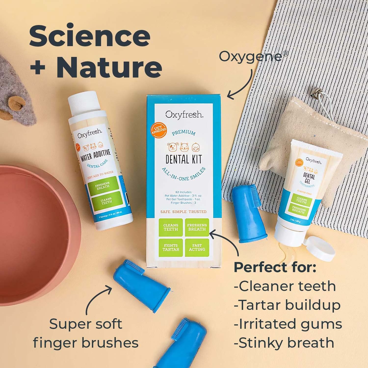 Oxyfresh Premium Pet Dental Kit for Dogs & Cats – Easy Solution for Pet Fresh Breath, Clean Teeth, Control Plaque & Tartar – Vet Formulated Pet Toothpaste, 1oz + Water Additive, 3oz + 3 LG Brushes Kit