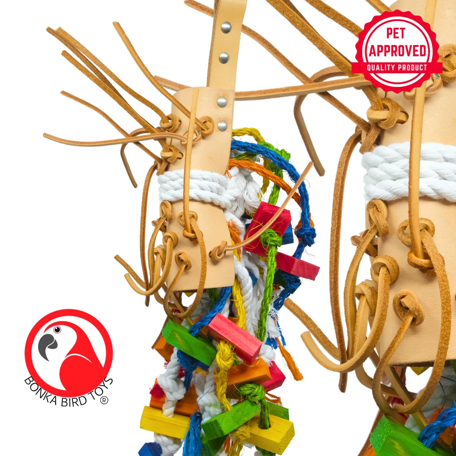 Bonka Bird Toys Leather Saddle Chew Forage Preen Parrot Cage Toy Birds, Macaws, Cockatoos, Conures, Quakers, Ringnecks, Amazons, African Greys and Similar Breeds (2630 Medium)