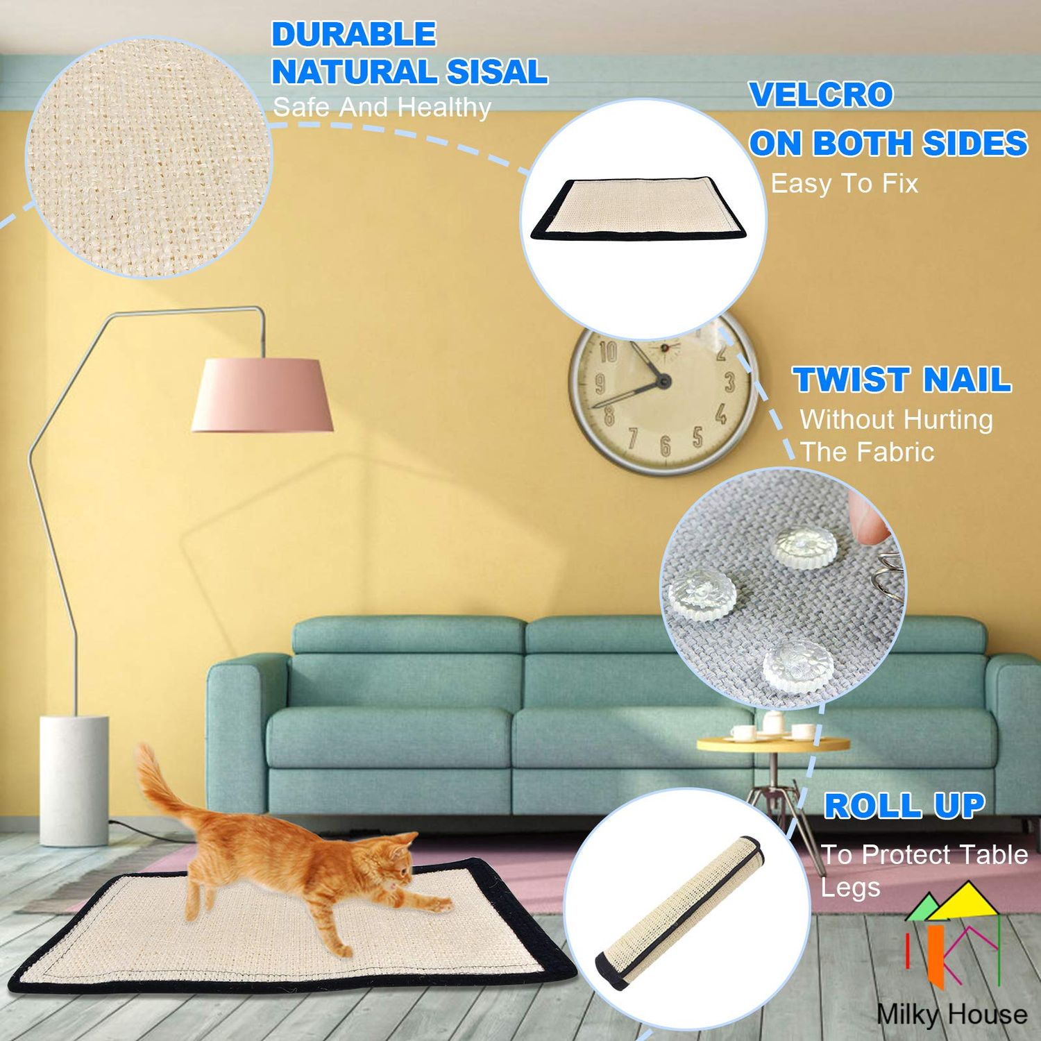 Cat Scratch Pad 2PK, Anti-Scratch Pads for Furniture, Kitty Scratching Bed, Post Tree Ramp Cardboard Replacement, Sisal Thin Scratcher Mat with Velcro Tapes Protecting Couch Chair Legs & Carpet 16X12”