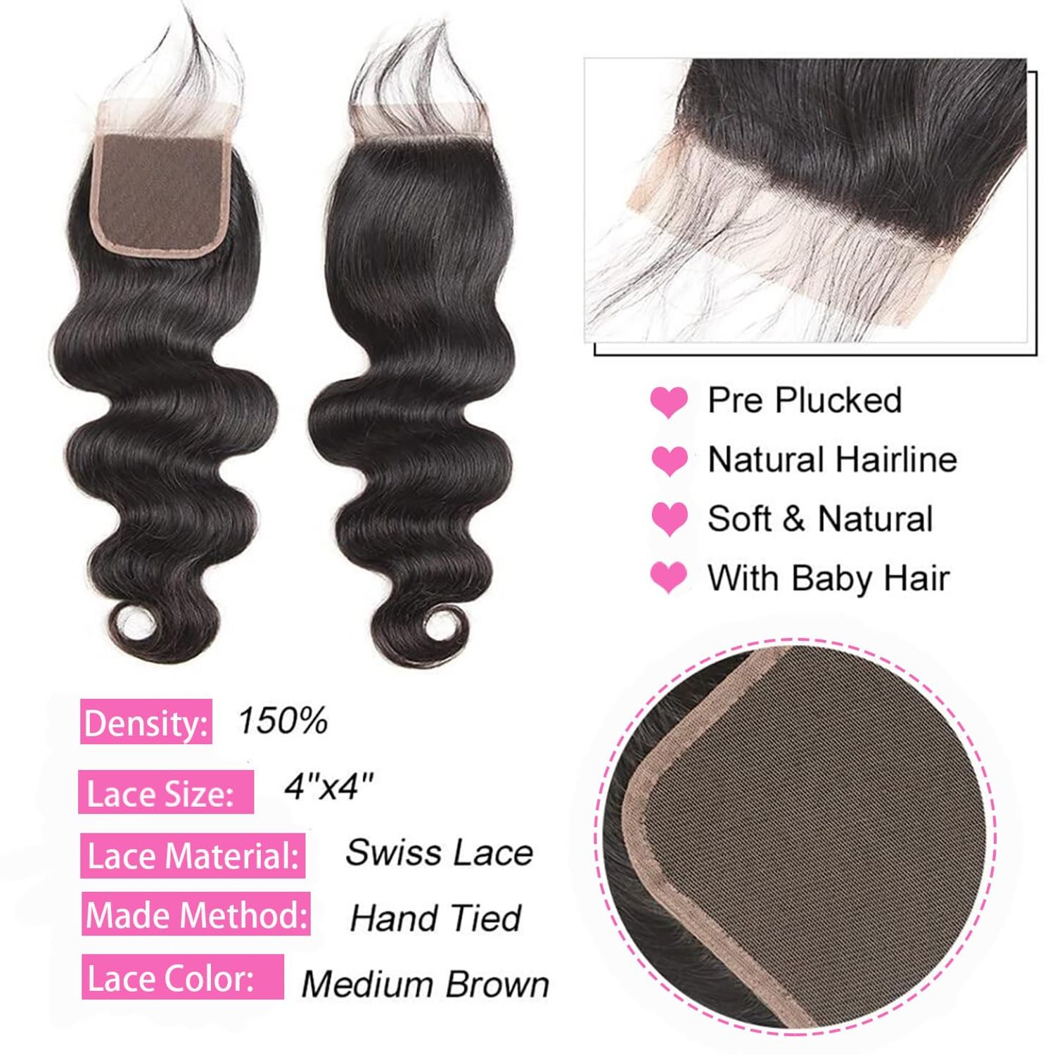 Releek 12A Grade Brazilian Body Wave Human Hair Bundles With 4X4 Lace Closure Free Part (24 26 28+22) Inch Body Wave Hair 3 Bundles with Closure Body Wavy Human Hair Weave 3 Bundles 100% Unprocessed Brazilian Virgin Human Hair Extensions