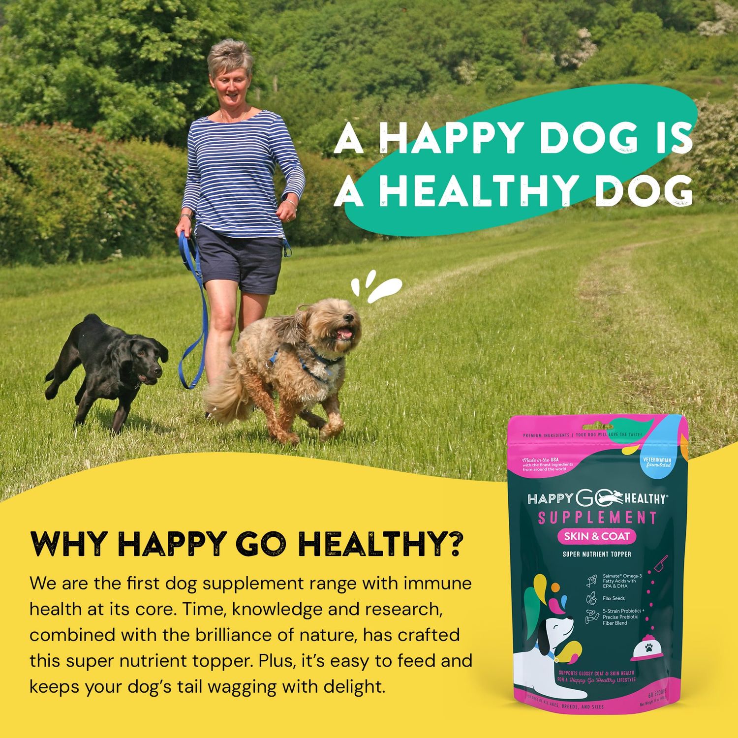 Happy Go Healthy Skin & Coat Supplements for Dogs | Dog Itching Skin Relief & Promotes Shiny Skin Coat for Dogs | Rich in Omega 3 All-Natural Ingredients Tasty Kibble Dog Food Topper | 60 Count Pack