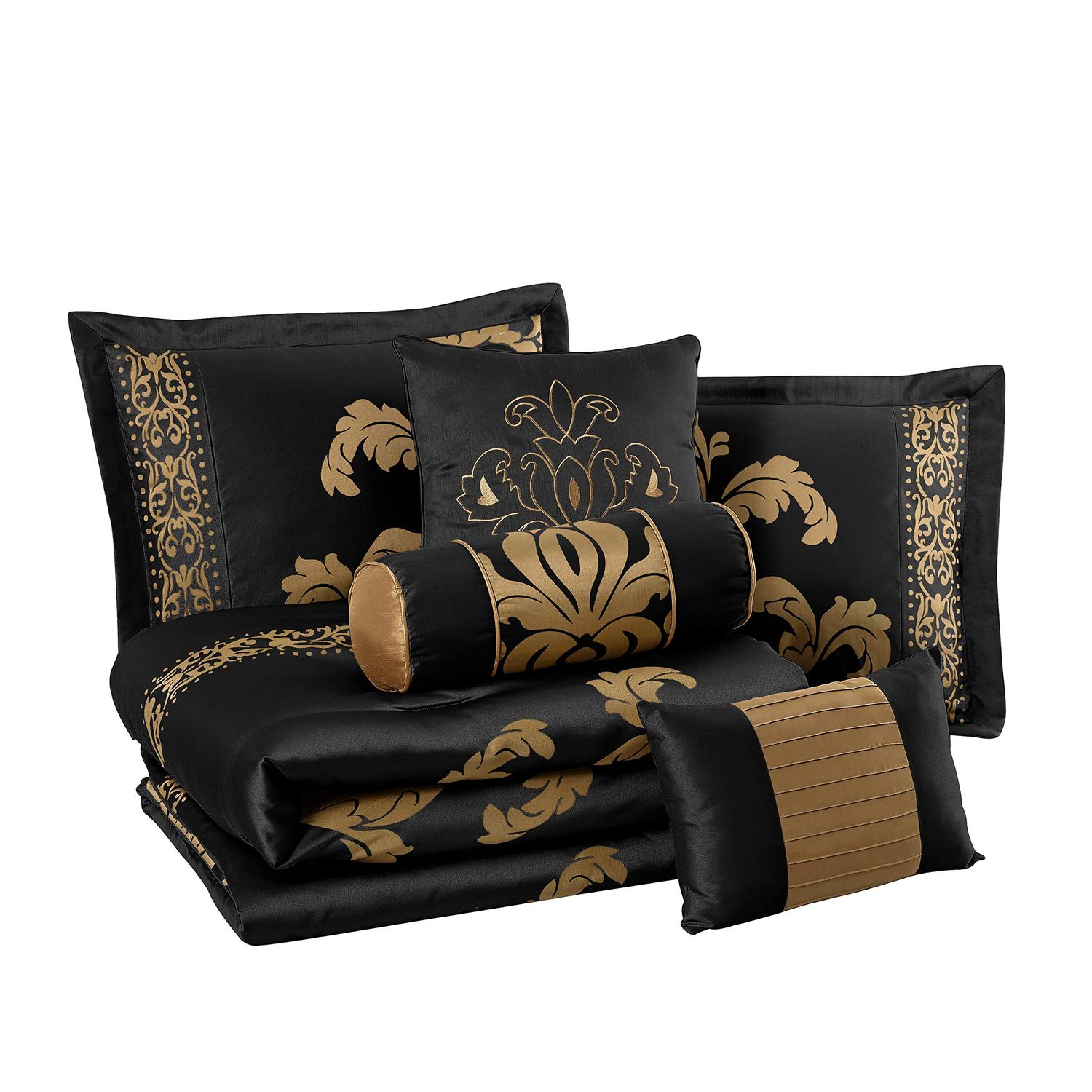 Chezmoi Collection 7-Piece Royale Jacquard Floral Comforter Set, Full/Double, Black/Gold