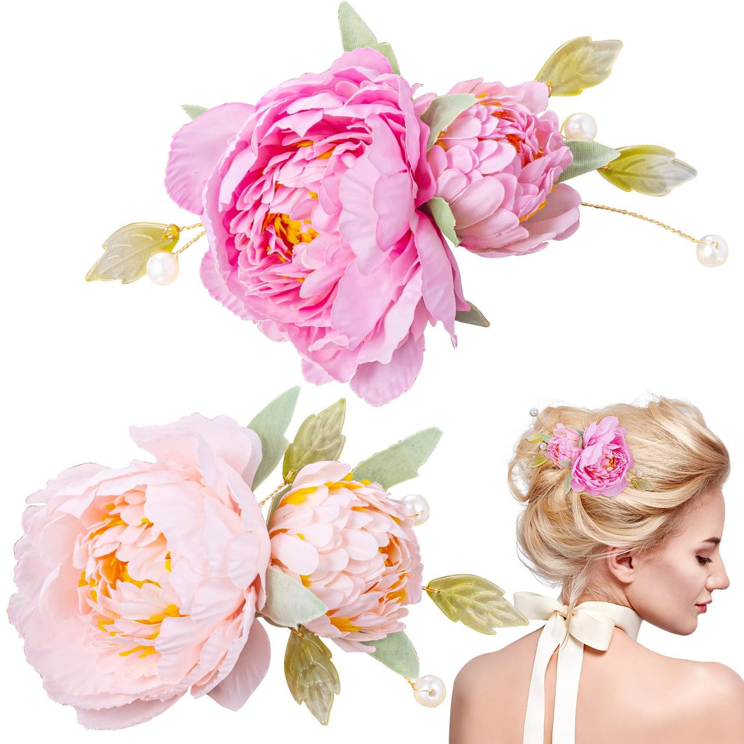 HINZIC 2 Pack Silk Flower Hair Clips for Women, 2 in 1 Flower Brooch, Pearl Floral Hair Styling Pins Barrettes for Women Girls Brides Party Wedding Decor Hair Buns Updo Holder Accessories- Pink & Red