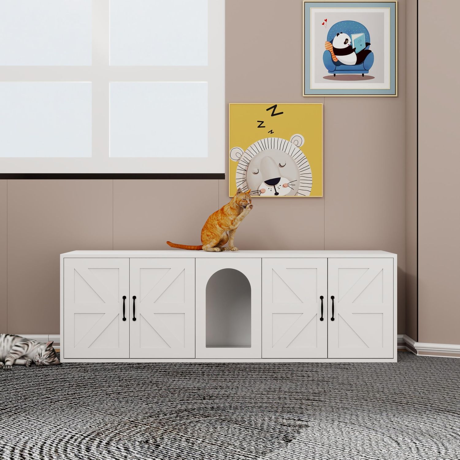 Cat Litter Box Enclosure Hidden for 2, Farmhouse Litter Box Furniture with Double Room, Front Entry Cat Door House, Wooden Side End Table, TV Stand with Storage