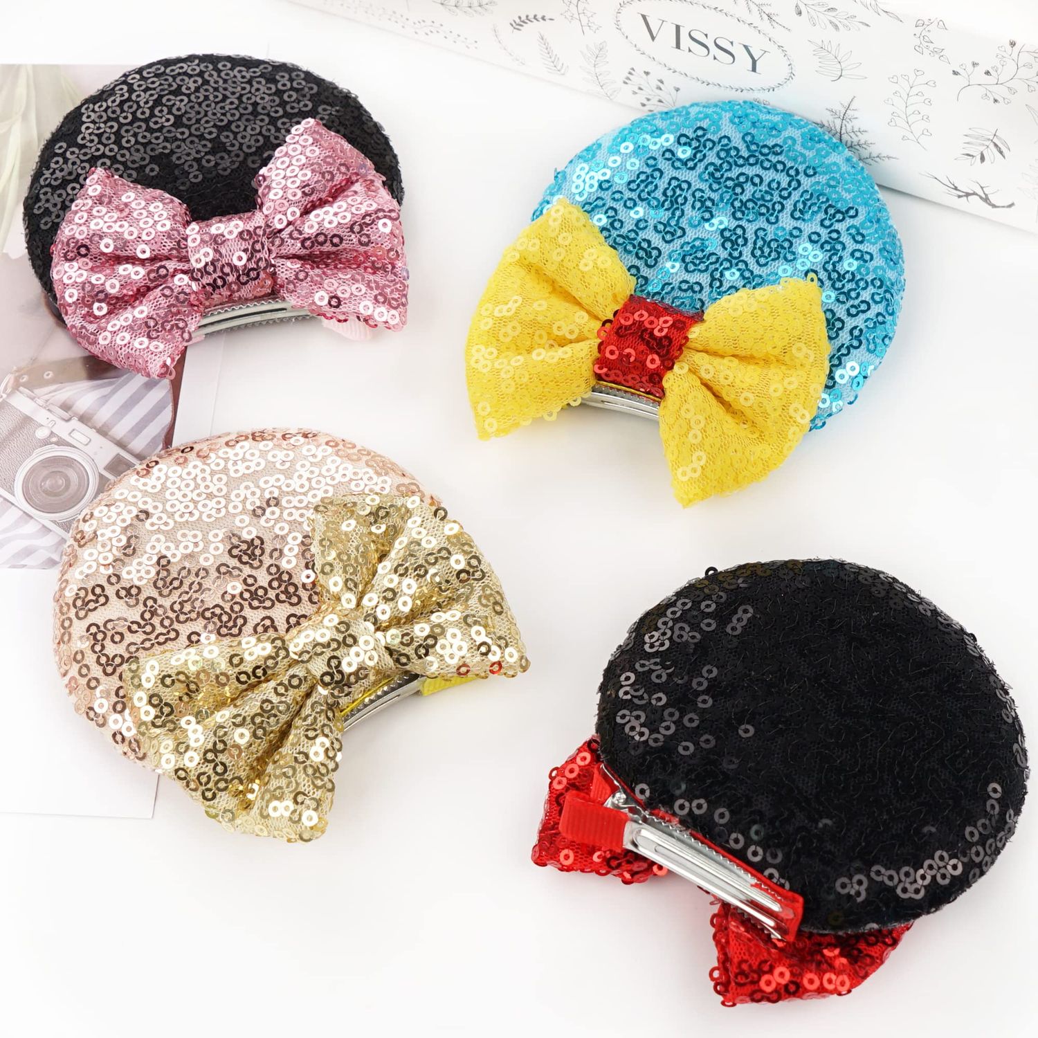 8PCS Sequin Mouse Mickey Ears Hair Clips Glitter Hair Bows Cute Miniie Mice Ears Clips Barrettes for Women Girls Hair Accessories for Costume Party Favor Halloween Christmas Decoration