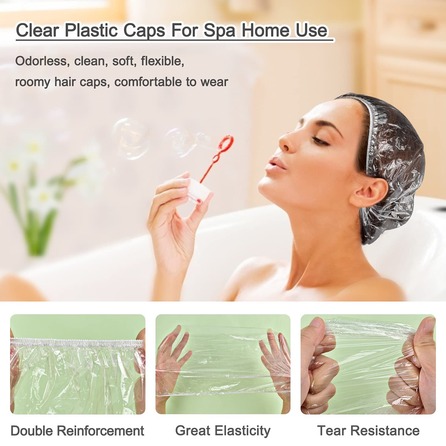 Shower Caps, MORGLES 100 PCS Clear Plastic Hair Caps Waterproof Disposable Shower Caps Plastic Hair Bath Caps Shower Caps Bulk for Women Hair Salon Home Use