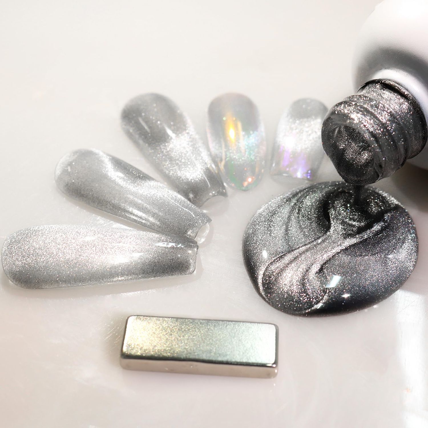 Allstarry Cat Eye Gel Nail Polish, 15ml/0.5fl oz Bright Silver Magnetic Gel Polish UV LED Curing Soak Off Home DIY Nail Salon Manicure Kit with Magnet for Shimmer Velvet Nail Art - White Moonligh