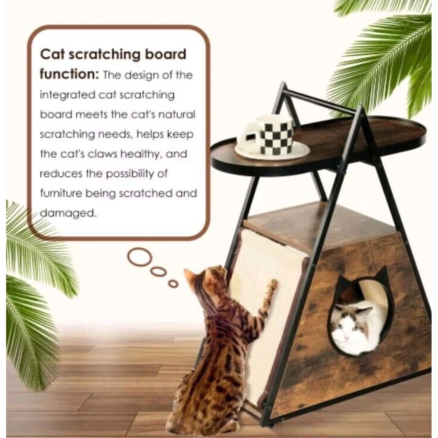 Cat House End Table Wood Cat Condo Black Vintage Pet Furniture Scratching  Board