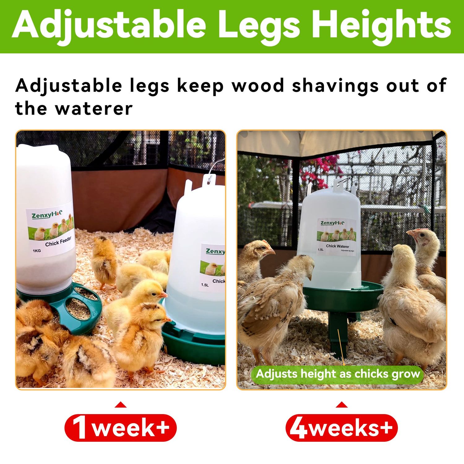 ZenxyHoC Chick Feeder and Waterer Kit, 2.2LBS Chick Feeder and 0.4Gal Chick Waterer with 3 Adjustable Heights Combo for Baby Chicken Duck Brooder