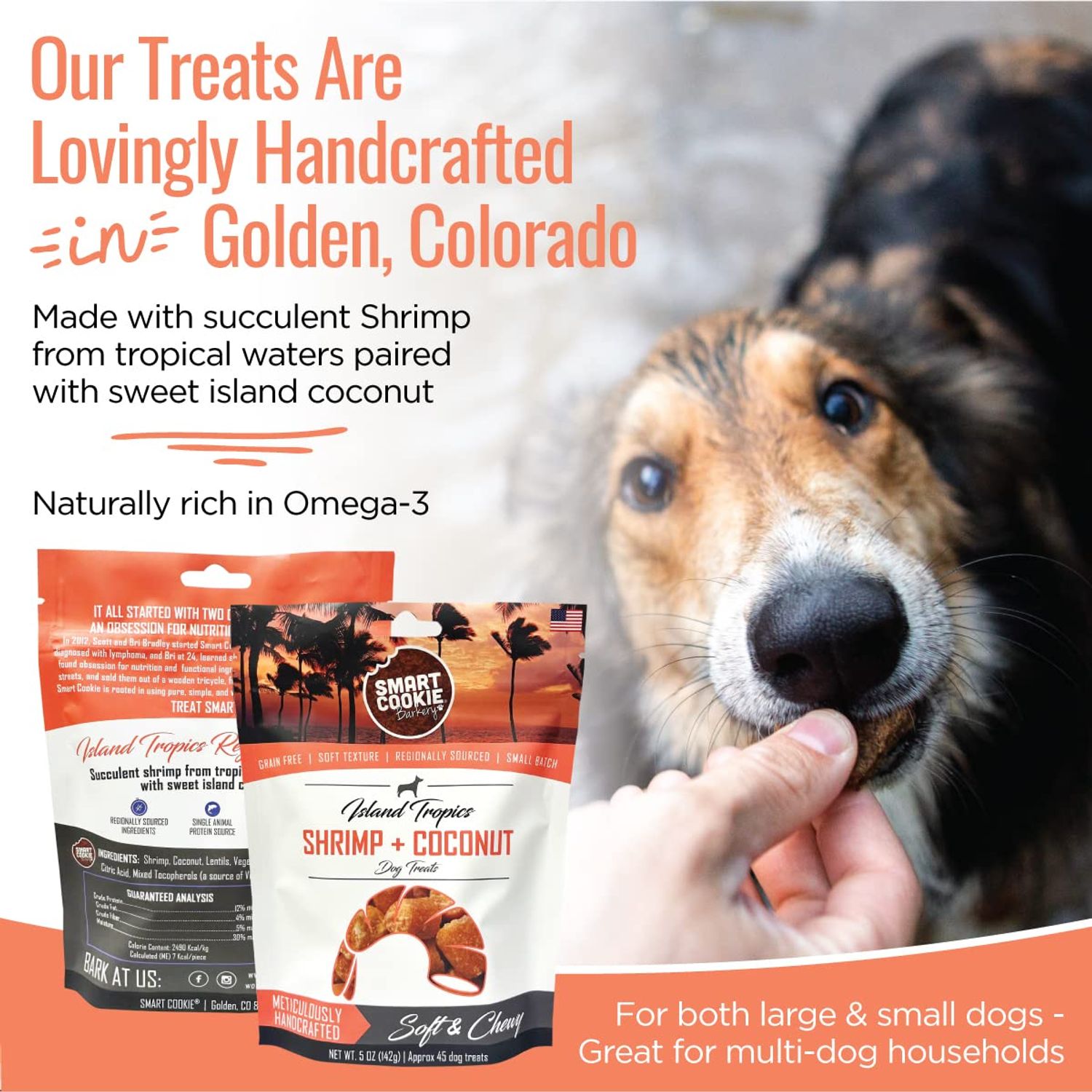 Smart Cookie All Natural Dog Treats - Shrimp & Coconut - Healthy Dog Treats for Allergies, Sensitive Stomachs - Soft Dog Treats, Chewy, Grain Free, Human-Grade, Made in The USA - 5oz Bag, 1 Pack