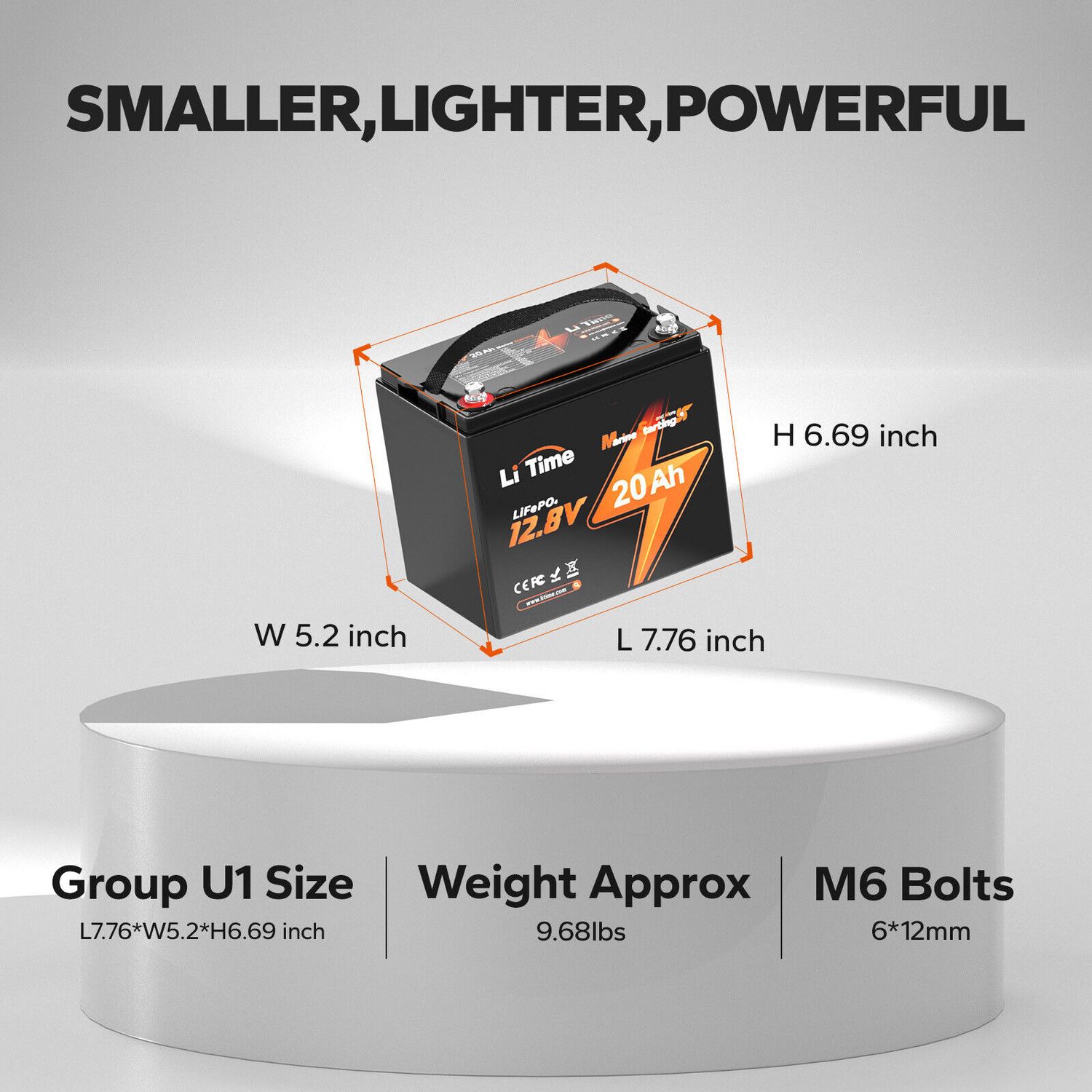 LiTime 12V 20Ah 650 CCA LiFePO4 Starting Battery For Outboard Motor Lawn Mower