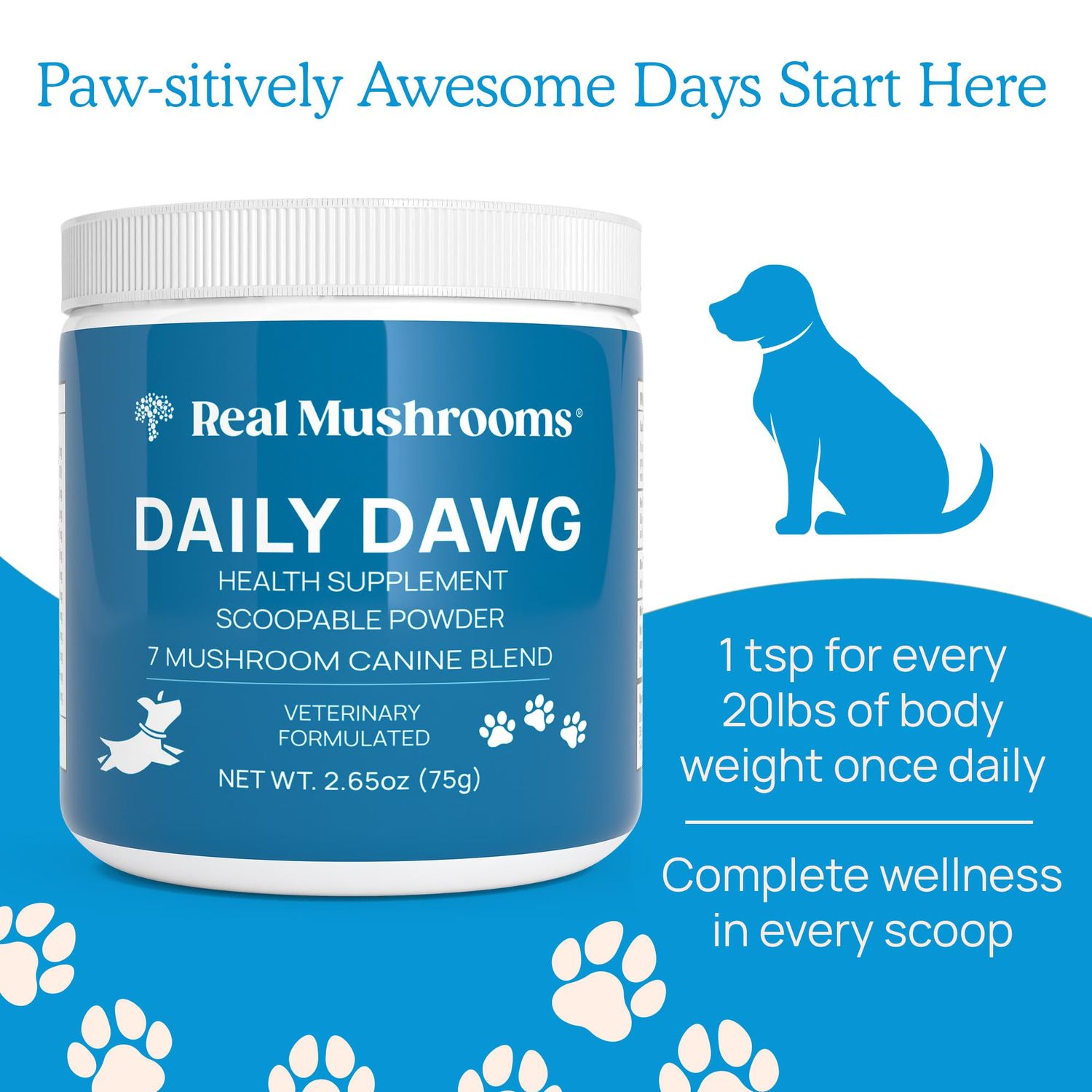 Whole Dog Health with Digestive and Immune Support - (2.65 oz) Bulk Mushroom Powder Supplement & Dog Vitamins with Real Mushrooms Lion's Mane, Cordyceps Mushroom, Turkey Tail, Reishi & Shiitake