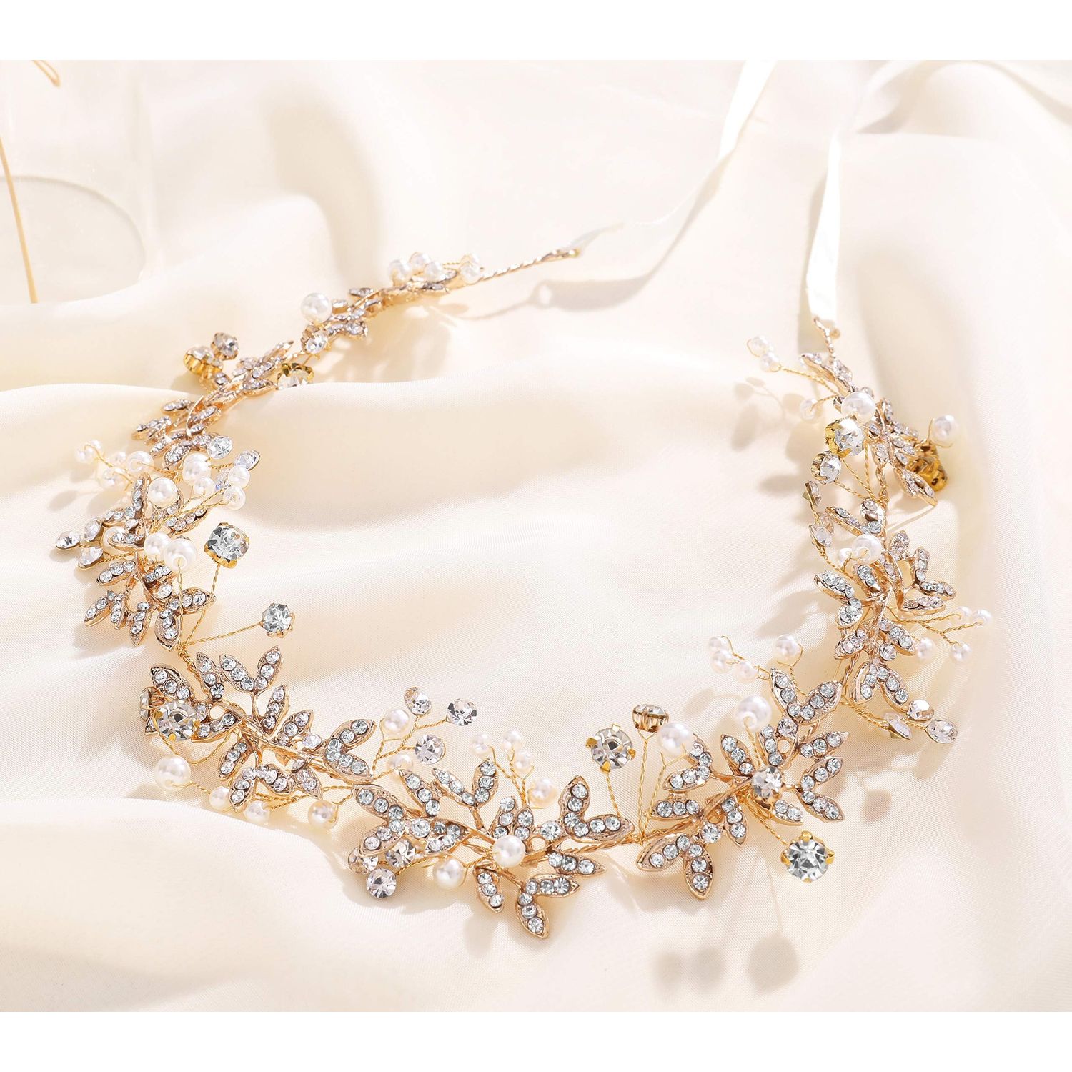 BABEYOND Bridal Headpiece Handmade Wedding Hair Vine Bead Crystal Floral Leaf Headband with Lace Ribbon
