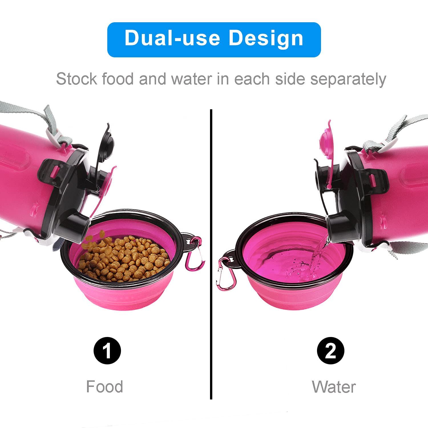Guardians Dog Travel Water Bottle Collapsible Bowls, 2 in 1 Pet Food Container with Collapse Bowls, Outdoor Portable Water Bowls for Walking, Traveling, Camping and Hiking (Pink)