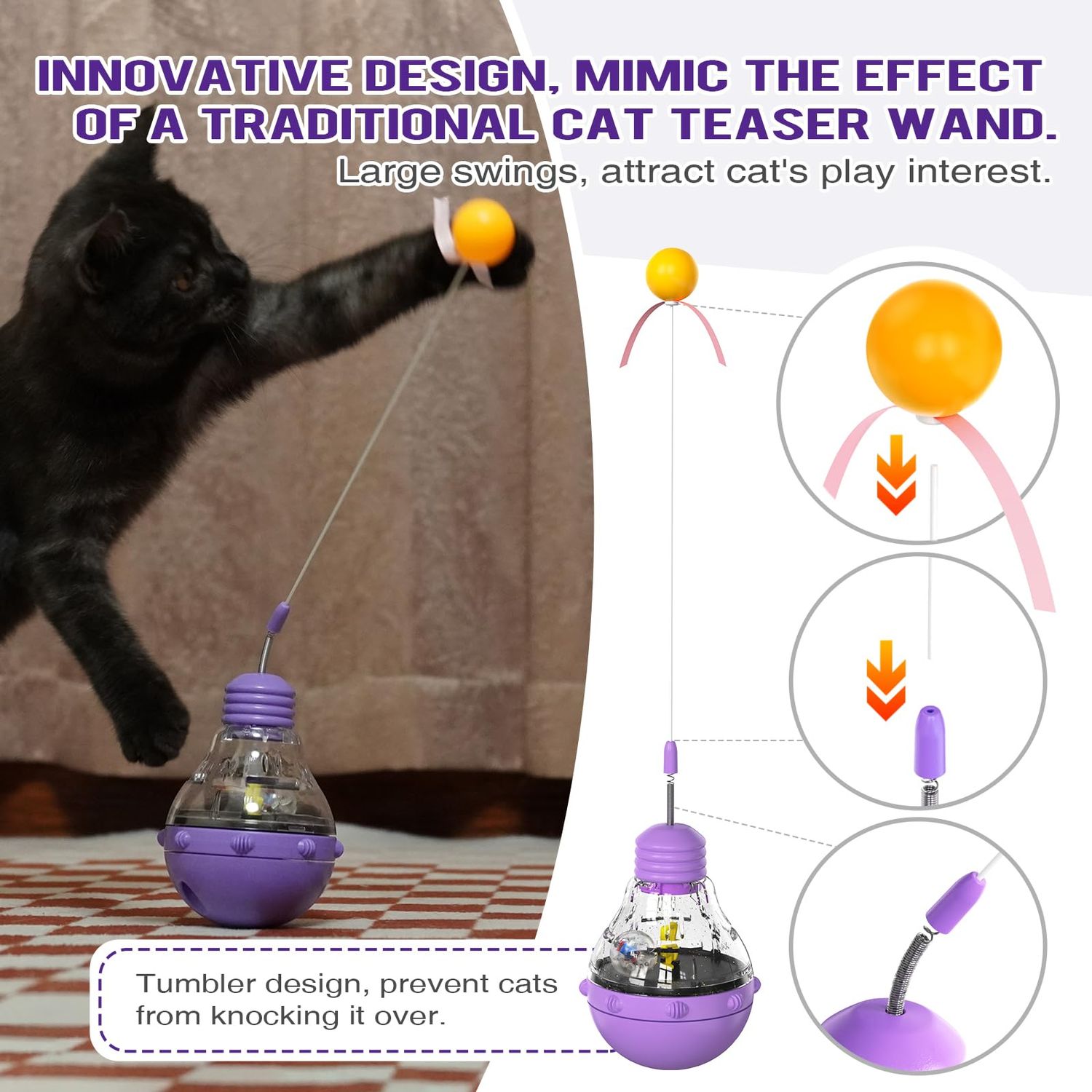 KitchiFlora Cat Toys for Bored Indoor Cats Tumbler Interactive Cat Toys with Teaser Wand Cat Food Dispenser - Ideal for Exercise and Boredom Relief Pet Supplies Birthday Gift (Purple)