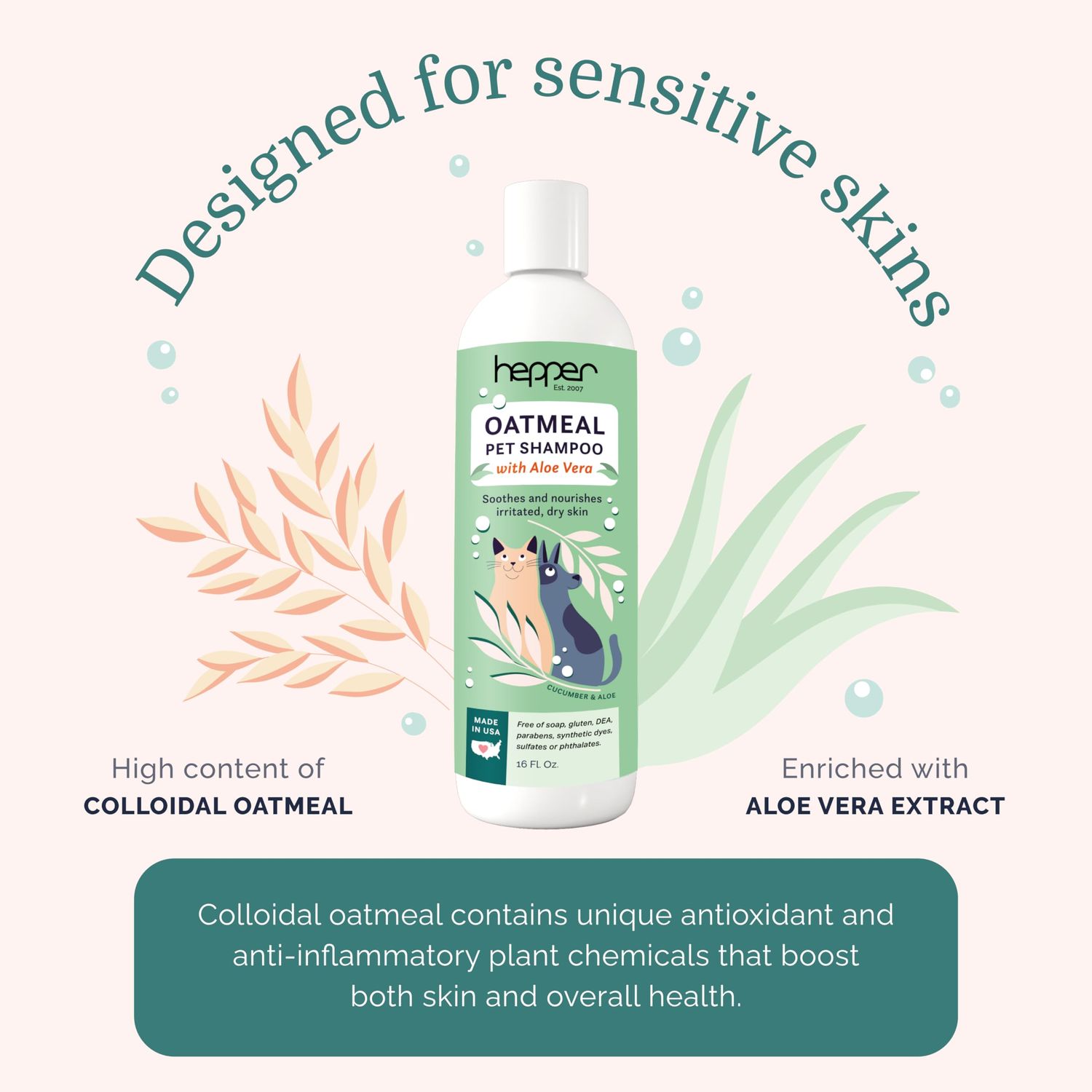 Hepper Oatmeal Shampoo for Dogs, Cats and Other Pets - All Natural Pet Shampoo: No Dog Soap, Cat Soap or Pet Soap - Dog Shampoo Sensitive Skin, Dog Dry Skin, Dog Itchy Skin Treatment -Cucumber & Aloe