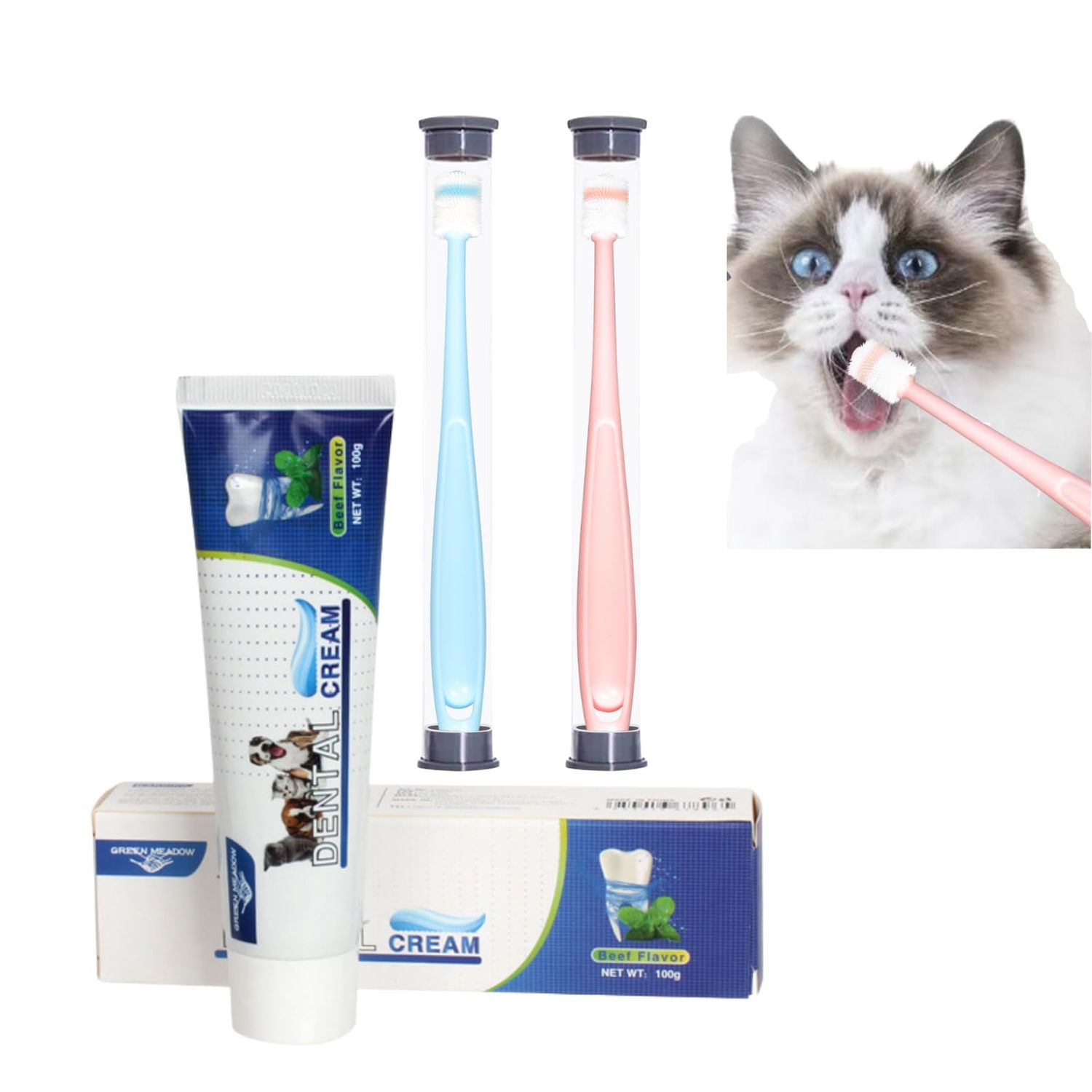 CUECOMER Cat Dog Pet Toothbrush & Toothpaste Kit,360 Degree Pet Toothbrush,Pet Teeth Cleaning kit,Reduces Plaque, Whitens Teeth, Freshens Breath