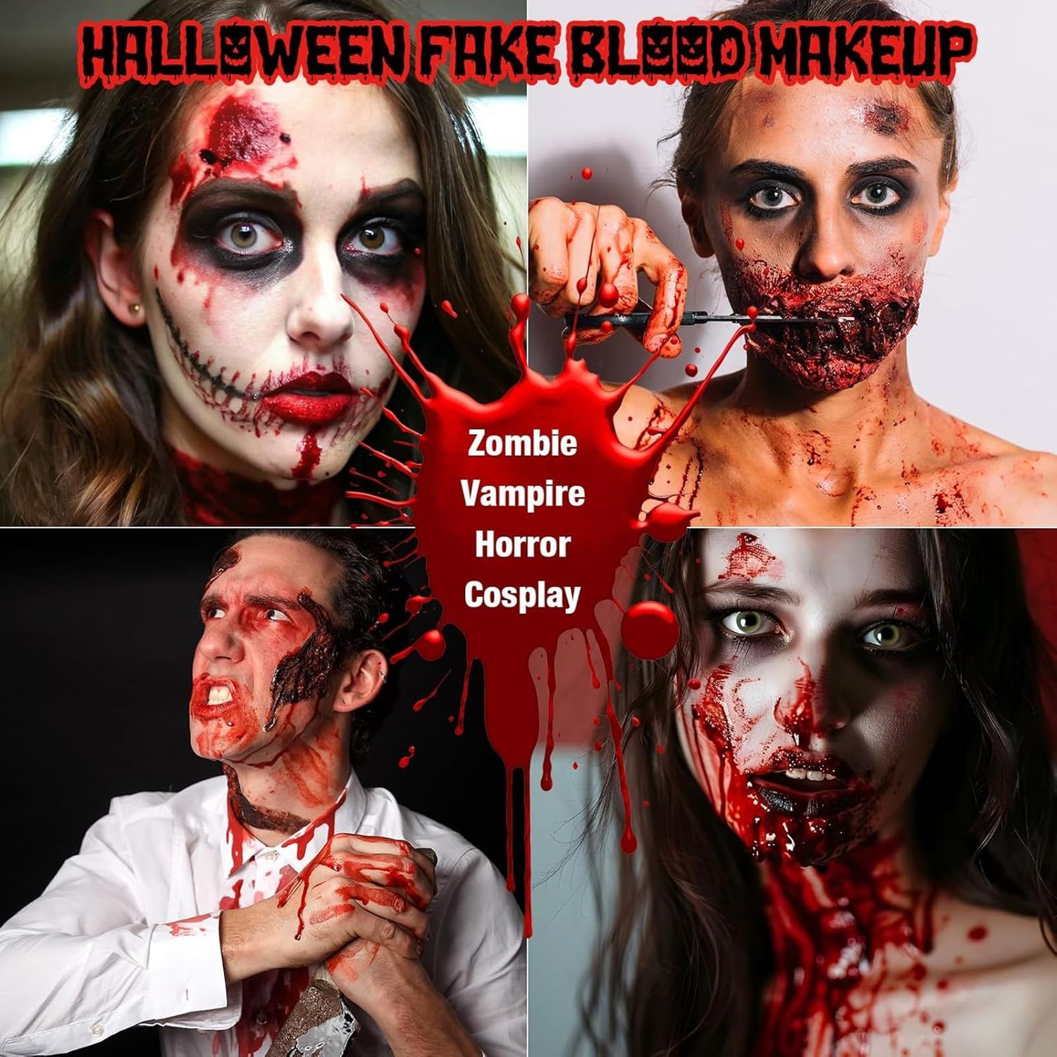 2PCS Halloween Fake Blood Makeup Kit, 3.52oz (100ml) Fresh Red + Dark Red Realistic Effect Washable, Vampire Makeup for Halloween Costume,Theater, Cosplay, Zombie, Special Effects, SFX Makeup