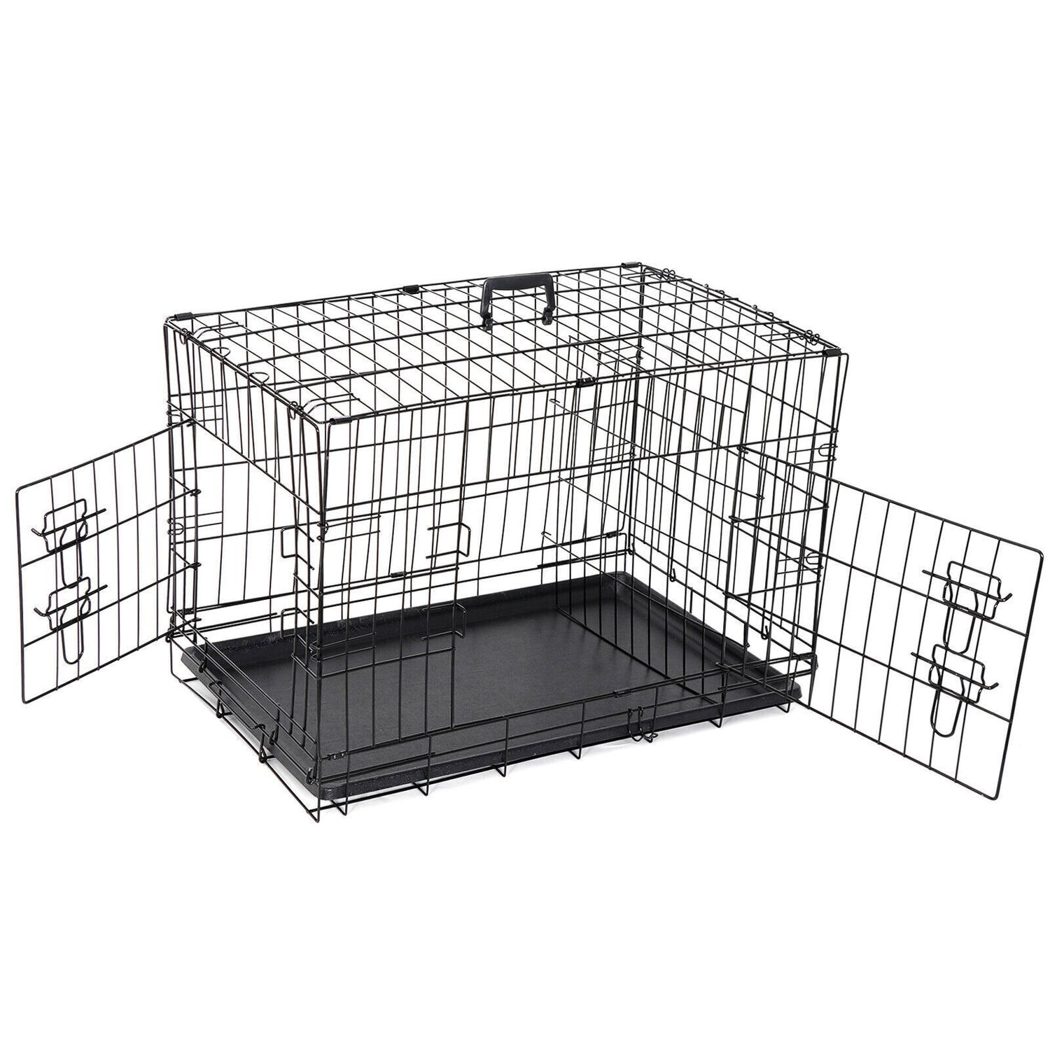 30" Durable Dog Crate Kennel 2 Door Folding Metal Pet Cat Cage with Tray Black