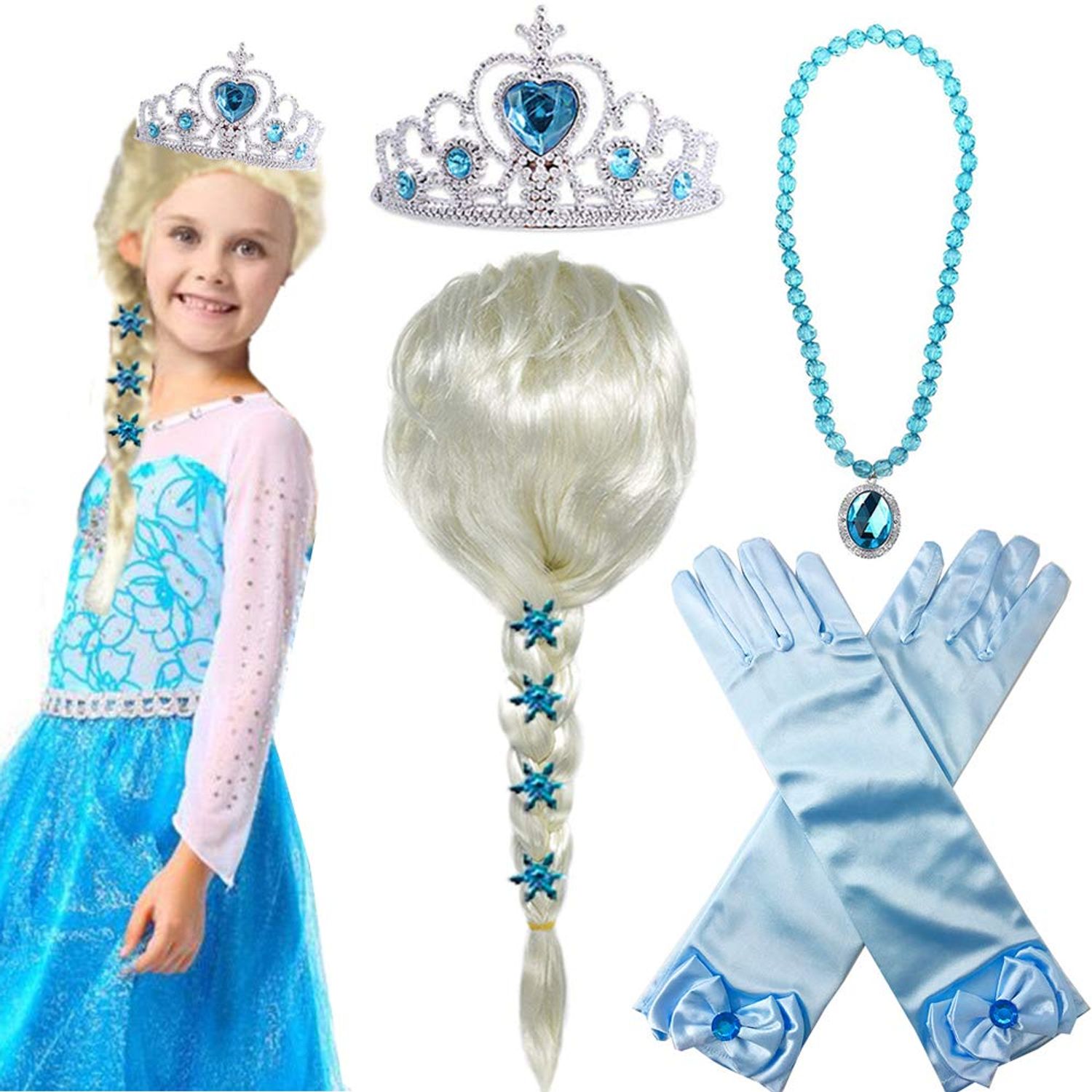 Princess Elsa Wig Frozen Elsa Braid with Princess Tiara Necklace Gloves Princess Elsa Dress Up Costume Cosplay Accessories for Kids Girls