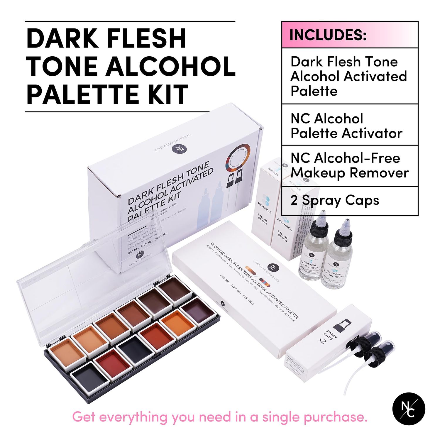 Narrative Cosmetics 12 Color Dark Flesh Tone Alcohol Activated Makeup Palette Kit - Includes Alcohol Activator and Moisturizing Remover - Waterproof Makeup for Professional Makeup Artists