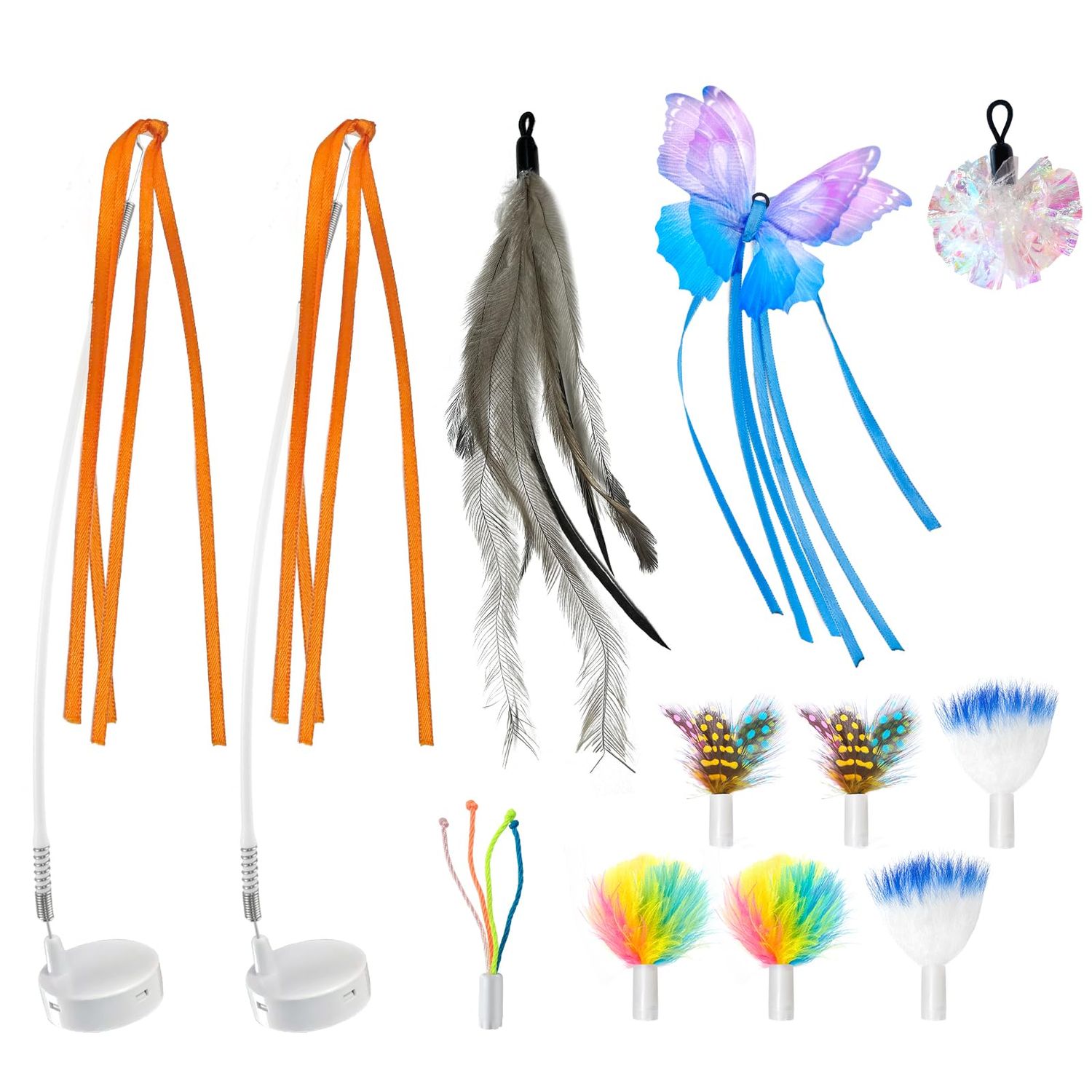 ORSDA 12 PCS DIY Replacement for 5 in 1 Cat Toys Interactive Kitten Toys for Indoor Cats with Feather Spinning Flying Ribbon, Butterfly, Crinkle Balls