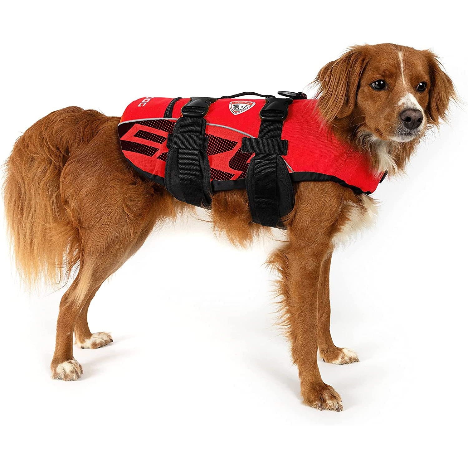 EzyDog Premium Doggy Flotation Device (DFD) - Adjustable Dog Life Jacket Preserver with Reflective Trim - Durable Grab Handle for Safety and Protection - 50% More Flotation Material (Medium, Red)