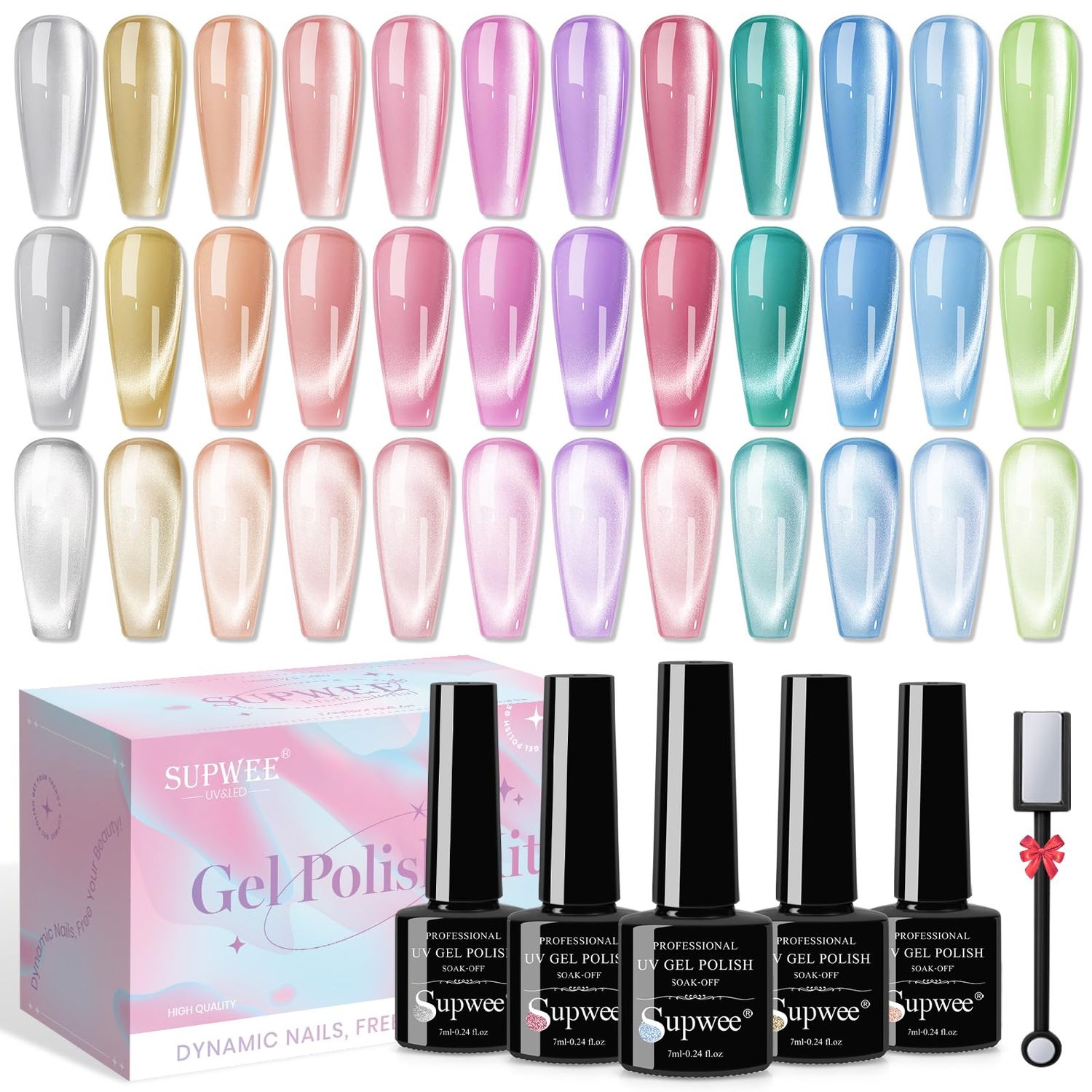 SUPWEE Cat Eye Gel Nail Polish - 12 Colors Silk Cateye Nail Polish Gel with Magnetic Stick Ceramic Moonlight Magnetic Gel Polish High Glossy Shine Effect Nail Art Manicure Home DIY for Women Girl