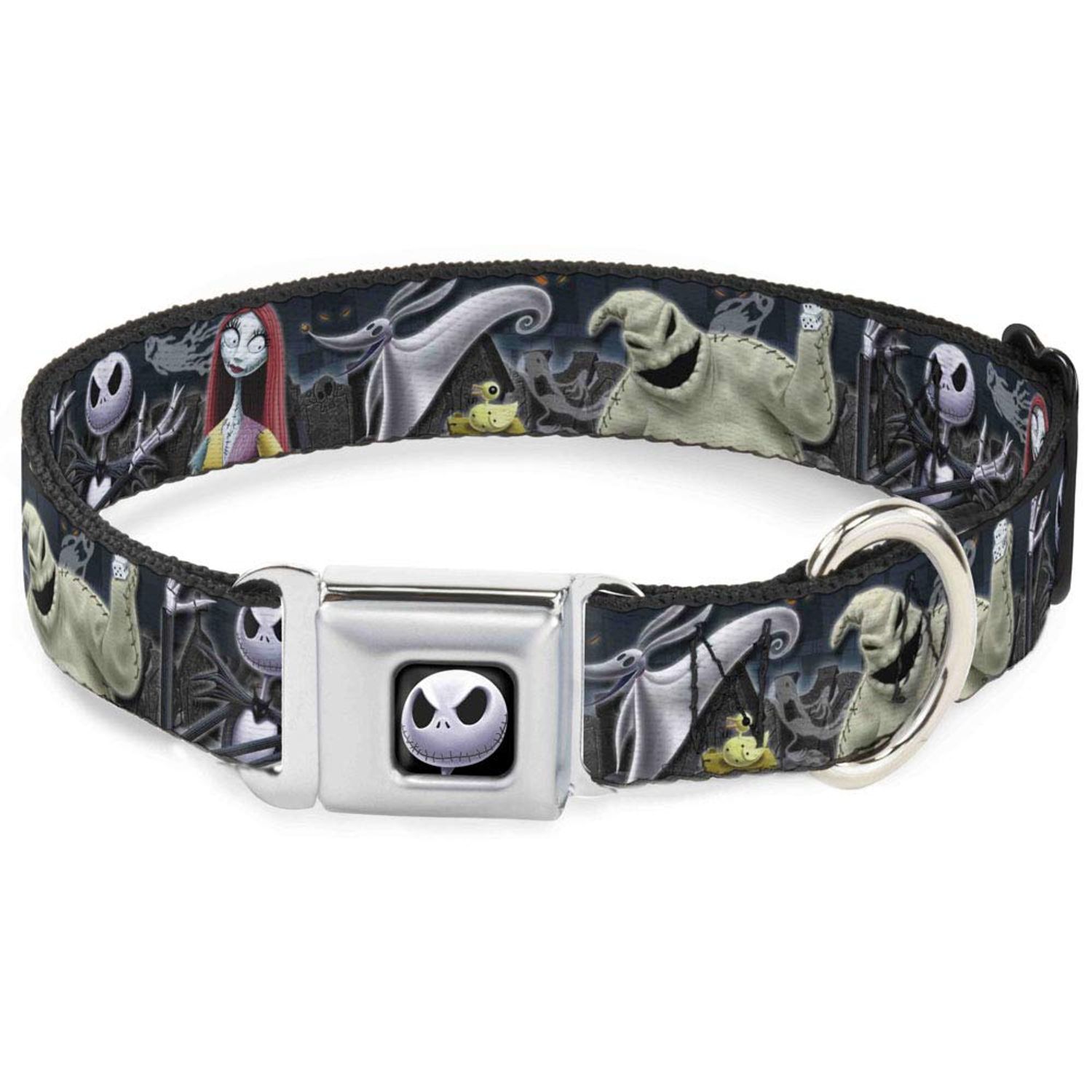 Dog Collar Seatbelt Buckle Nightmare Before Christmas 4 Character Group Cemetery Scene 11 to 17 Inches 1.0 Inch Wide