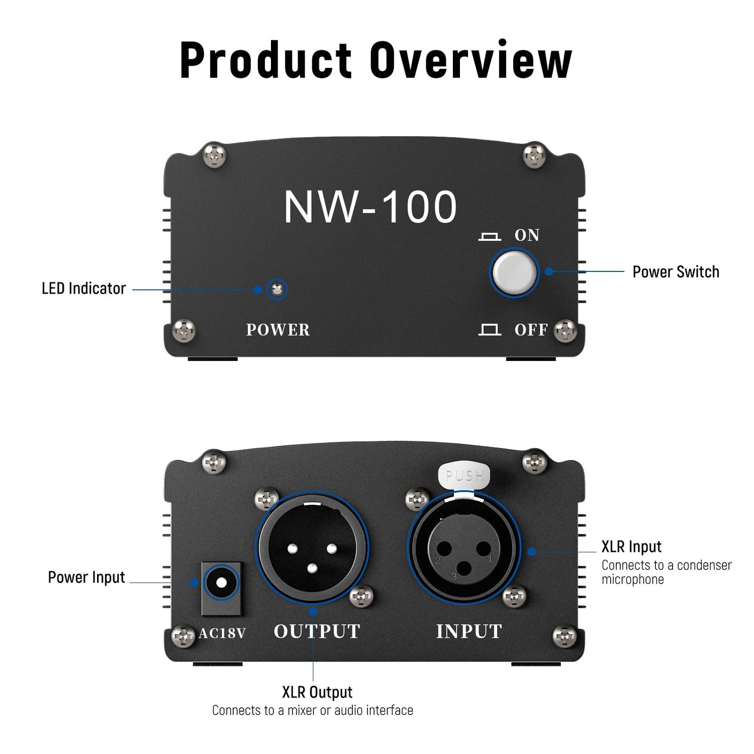 Neewer 1-Channel 48V Phantom Power Supply with Adapter, BONUS+XLR 3 Pin Microphone Cable for Any Condenser Microphone Music Recording Equipment (8 feet)