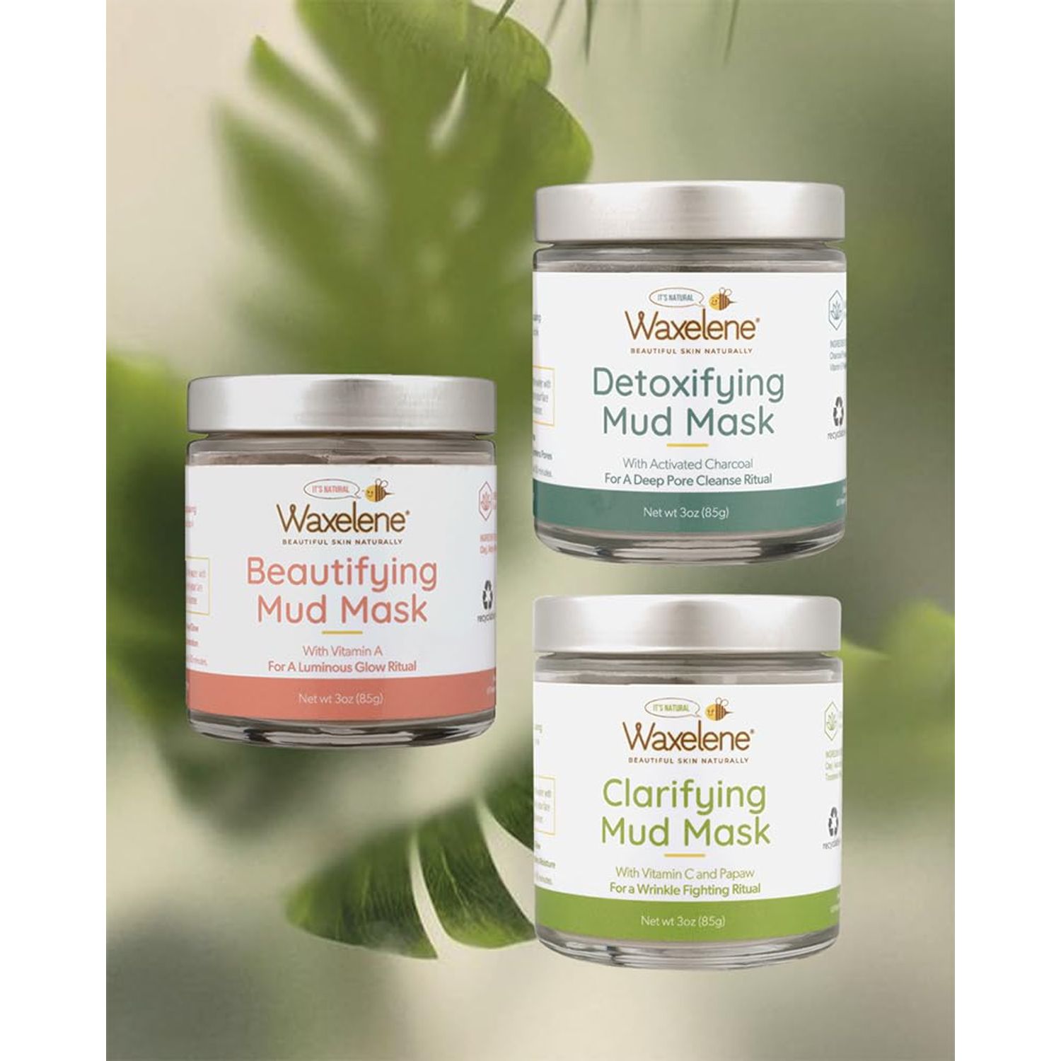 Waxelene Mud Mask Pack - Gift Set With Beautifying, Clarifying and Detoxifying Mud Masks. Fights Wrinkles Cleans Pores Acne Tightens Plumps Oily Skin