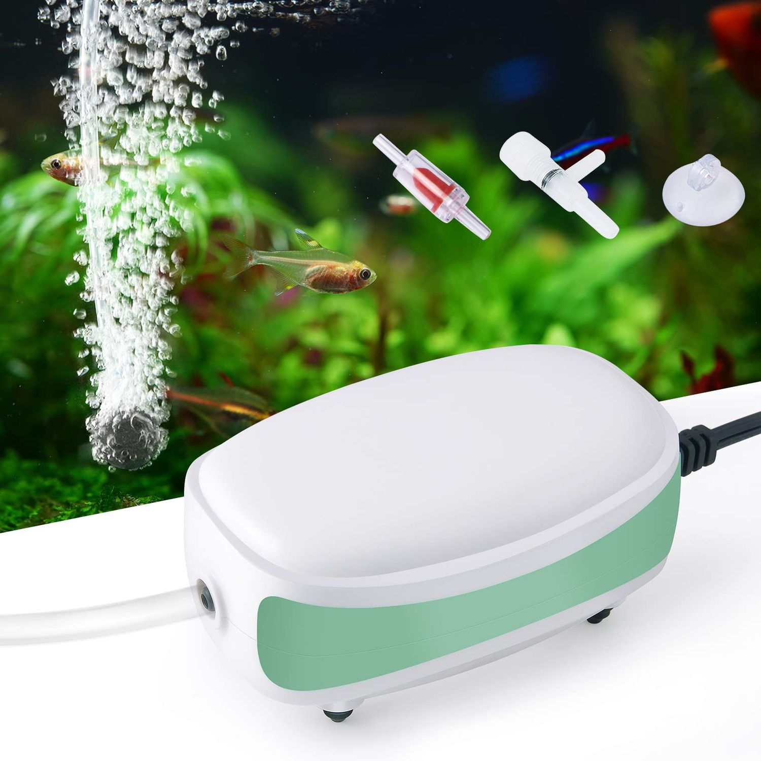 FEDOUR Aquarium Air Pump,1 Outlet Whisper Adjustable Fish Tank Aerator, Quiet Oxygen Pump with Accessories (Single Outlet)