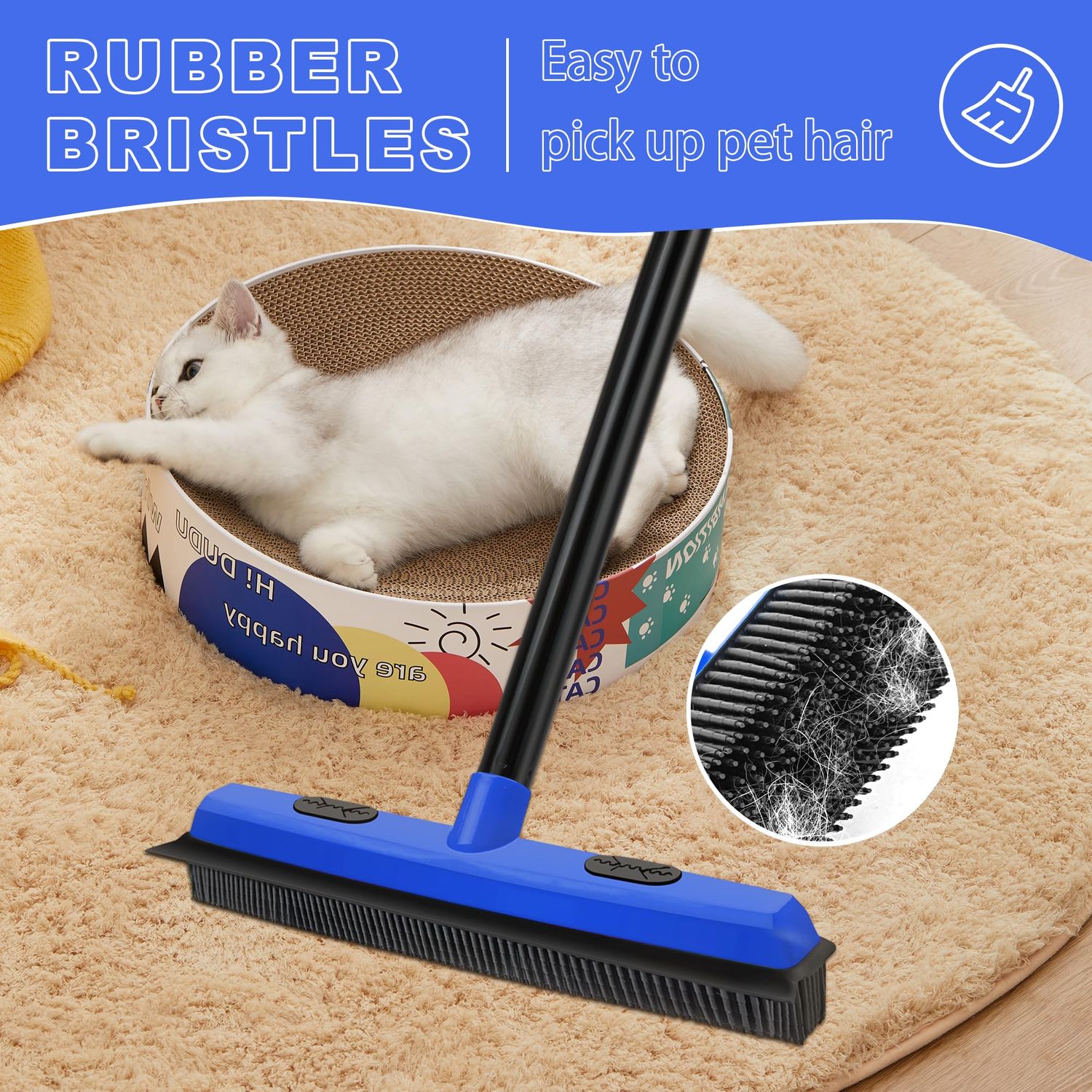 Dolanx Rubber Broom Carpet Brush with Squeegee, Pet Hair Remover with 52.8 inches Long Handle, Detailing Lint Fur Removal Tool, Silicone Rug Rake for Cleaning Hardwood Floor, Tile, Window (Blue)
